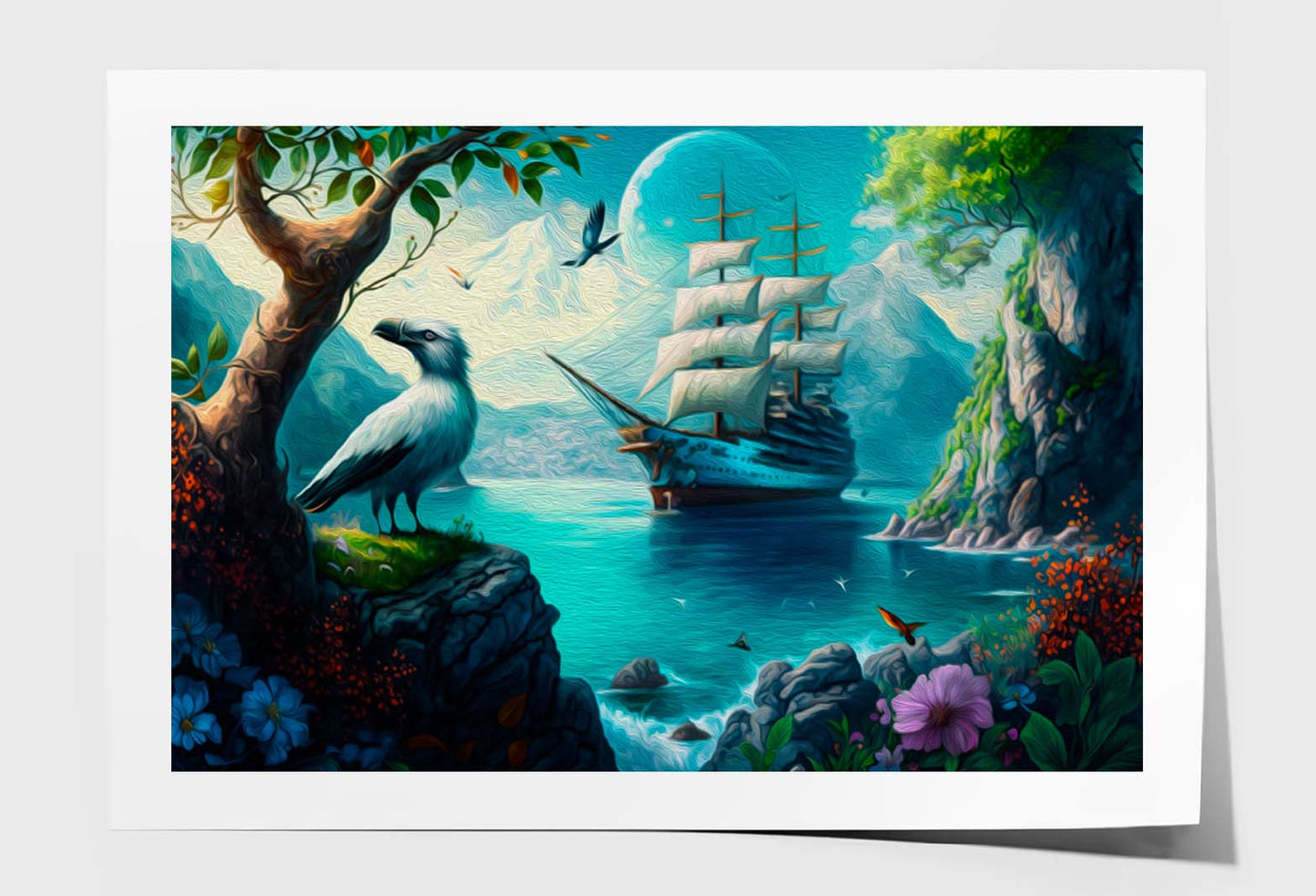 Sailing Boat in Sea and A Bird, Colorful Flowers, Mountain Wall Art Limited Edition High Quality Print Unframed Roll Canvas None