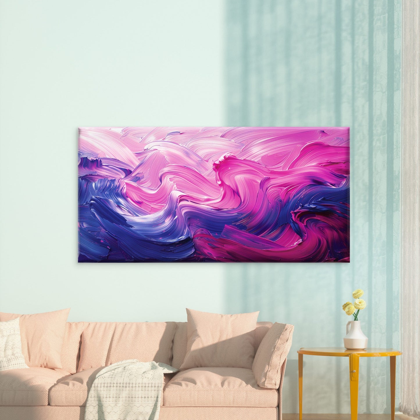 Pink And Blue Waves Wall Art Canvas Office Home Room Framed 120x60cm