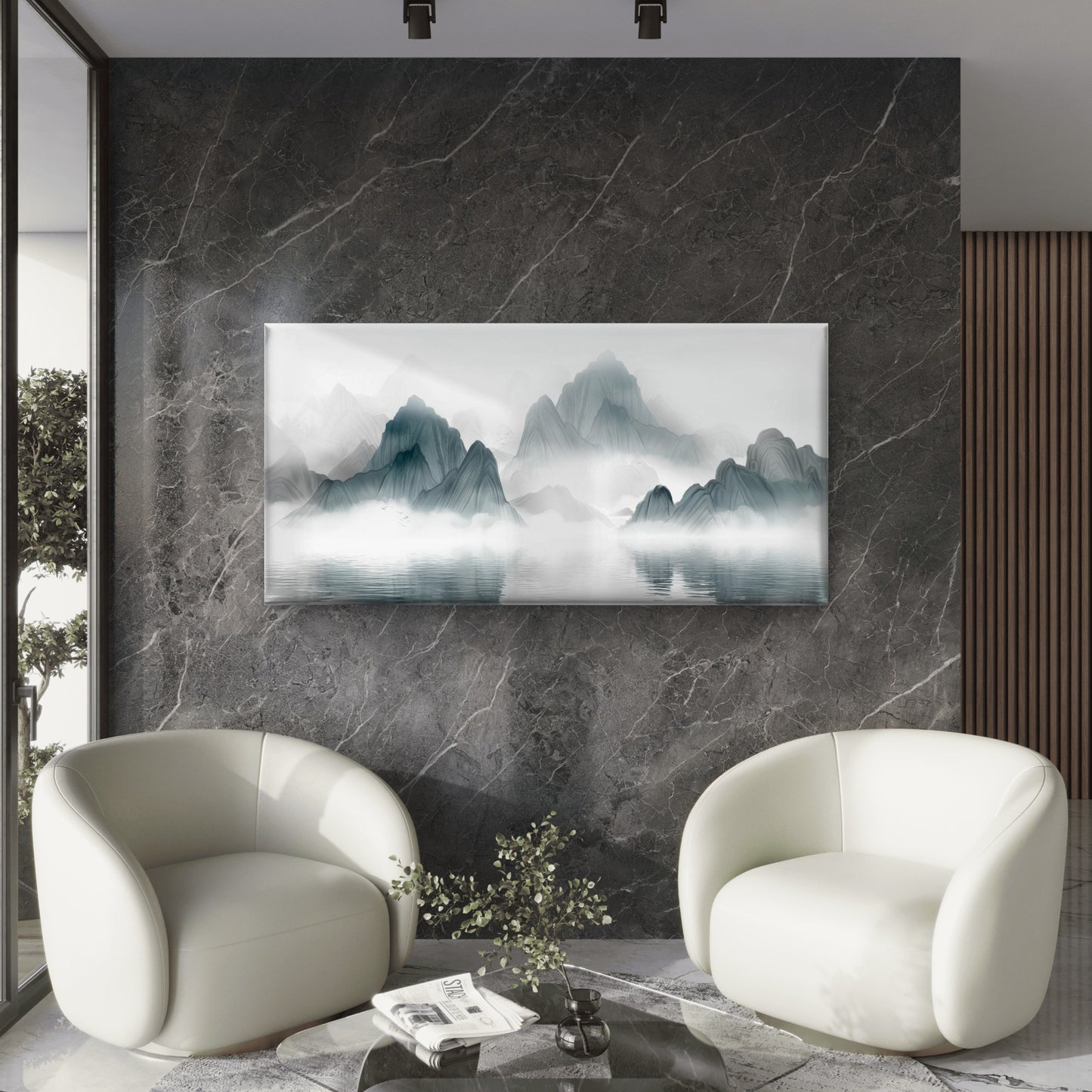 Chinese Ink Style Misty Peak Wall Art Canvas Office Home Framed 120x60cm