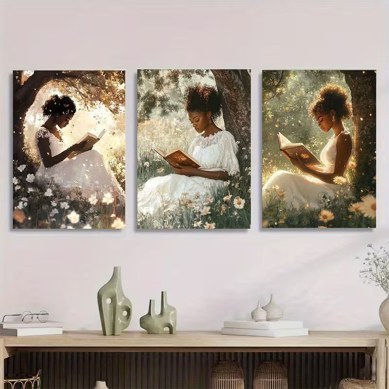3pcs Girl Reading Under Tree with Books Metal Print Ready to Hang Art
