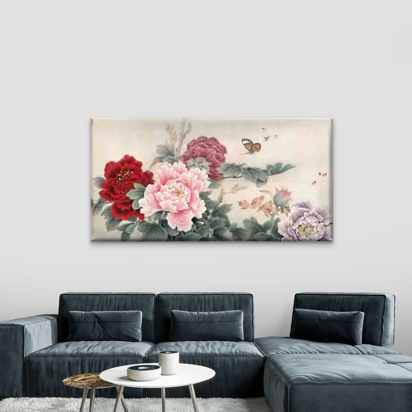 Blooming Peonies And Butterflie Wall Art Canvas Office Home Room Framed 120x60cm - Bella Home Decor
