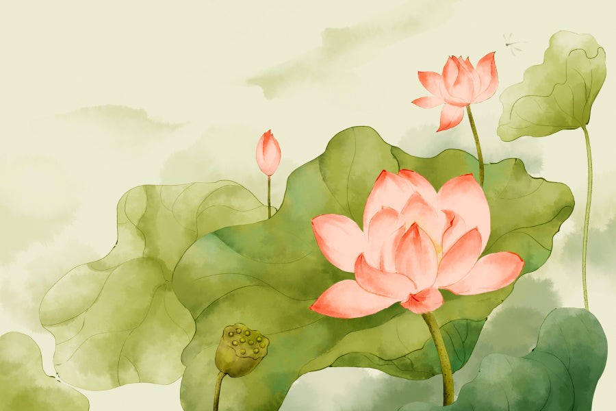 Painting Of a Pink Lotus Flower and Green Leaves Home Decor Premium Quality Poster Print Choose Your Sizes - Bella Home Decor