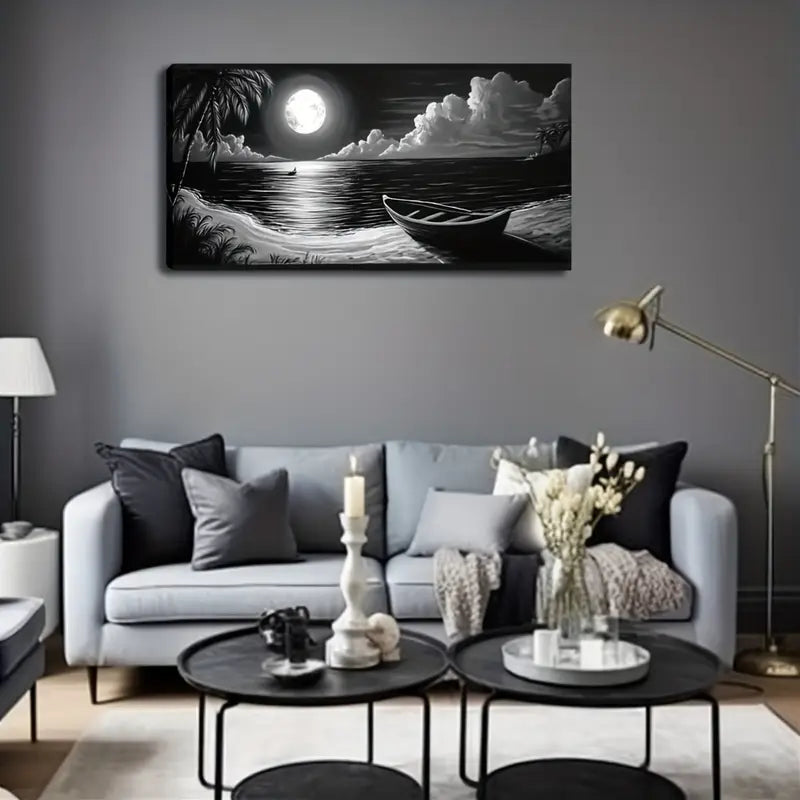 White Night Beach Landscape Wall Art Canvas Office Home Room Framed 120x60cm - Bella Home Decor