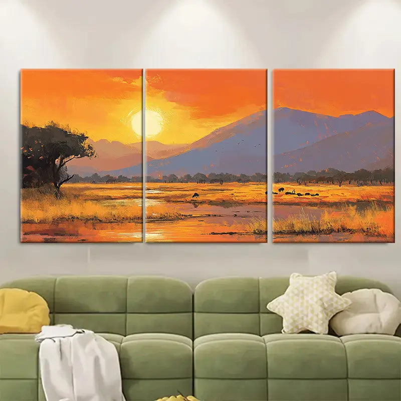 3pcs Mana Pools Zimbabwe Sunset Landscape Wall Art Set Canvas Framed 60x90cm - High Quality Print 100% Australian Made Wall Canvas Ready to Hang