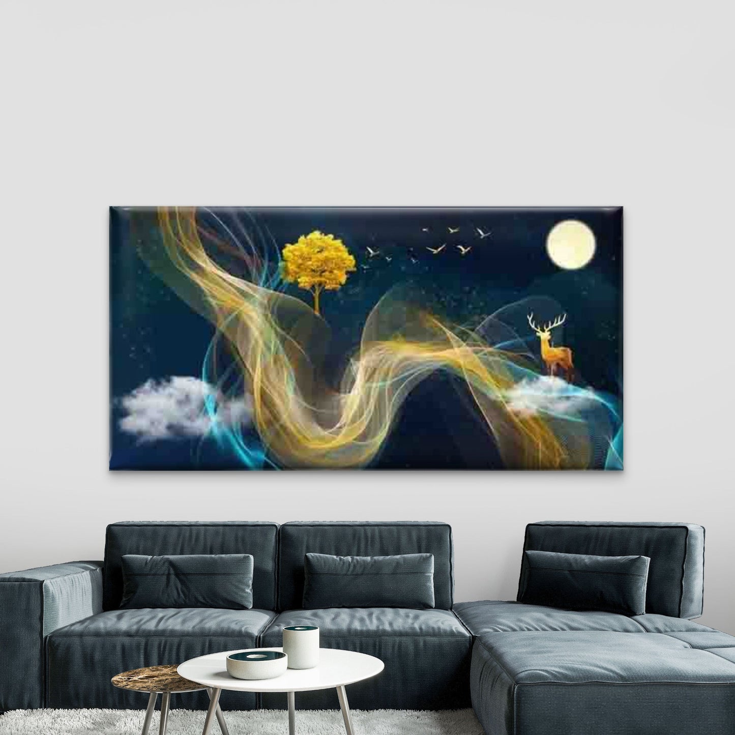 Night Sky Deer Tree Wall Art Canvas Office Home Room Framed 120x60cm