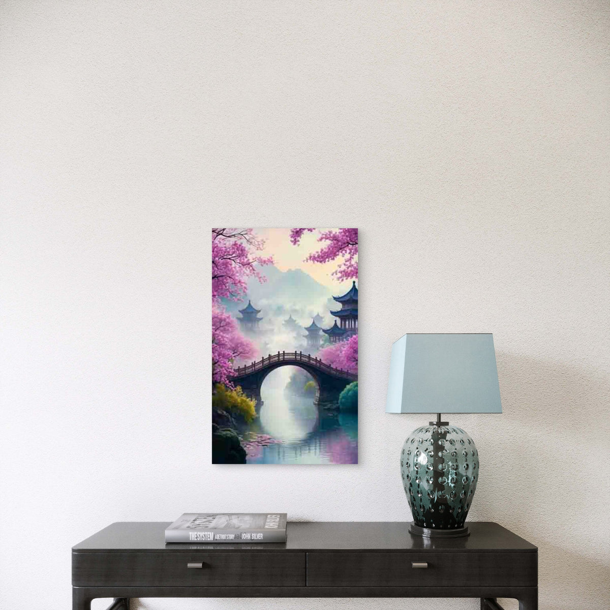 Cherry Blossom and Ancient Bridge Scenery Metal Print Ready to Hang