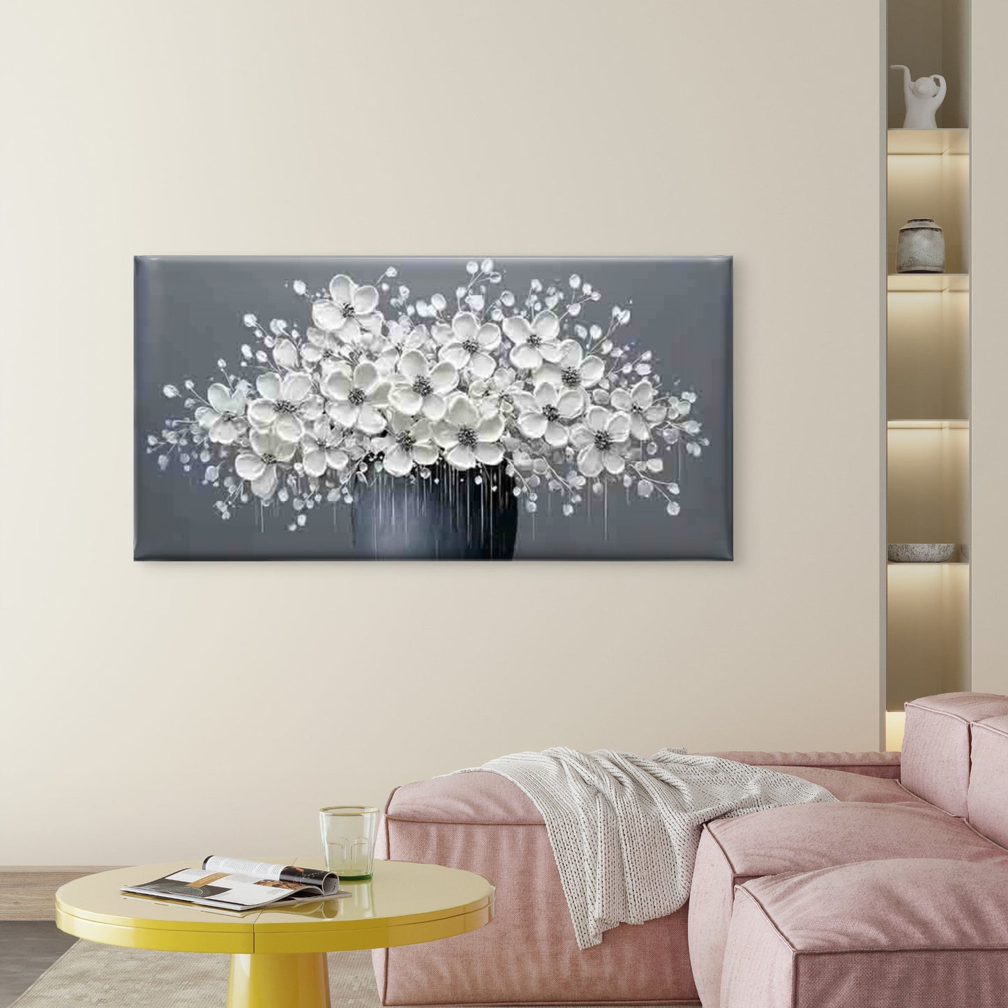 White Flowers in a Dark Vase Wall Art Canvas Office Home Room Framed 120x60cm - Bella Home Decor