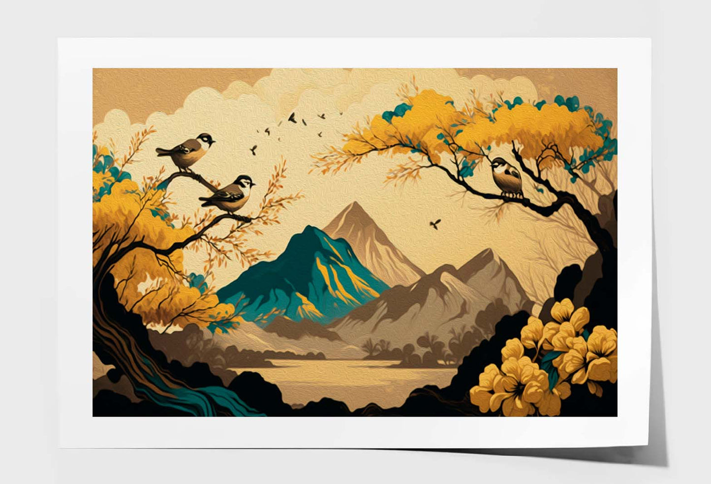 Brown Trees with Golden Flowers and Turquoise Wall Art Limited Edition High Quality Print Unframed Roll Canvas None