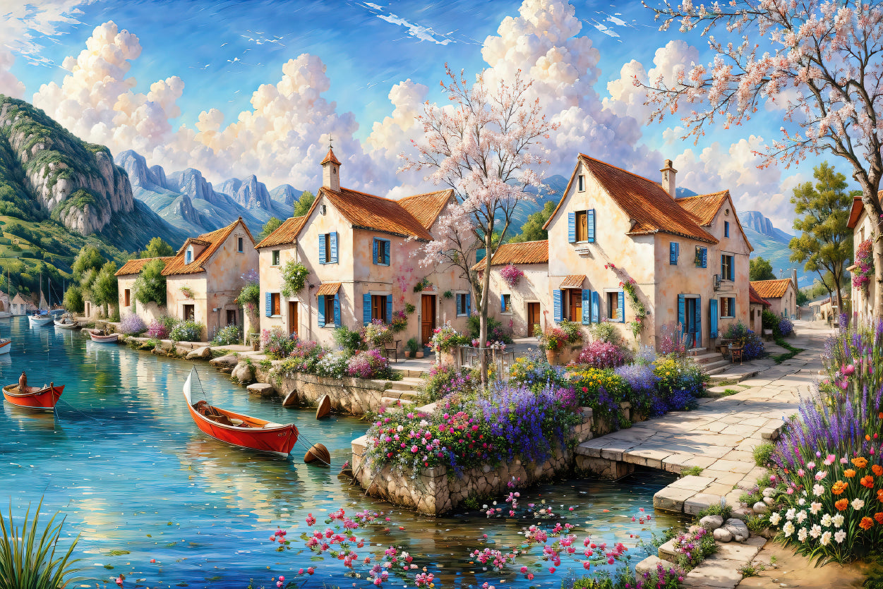 Oil Painting of a Small Town with Mountains Home Decor Premium Quality Poster Print Choose Your Sizes - Bella Home Decor