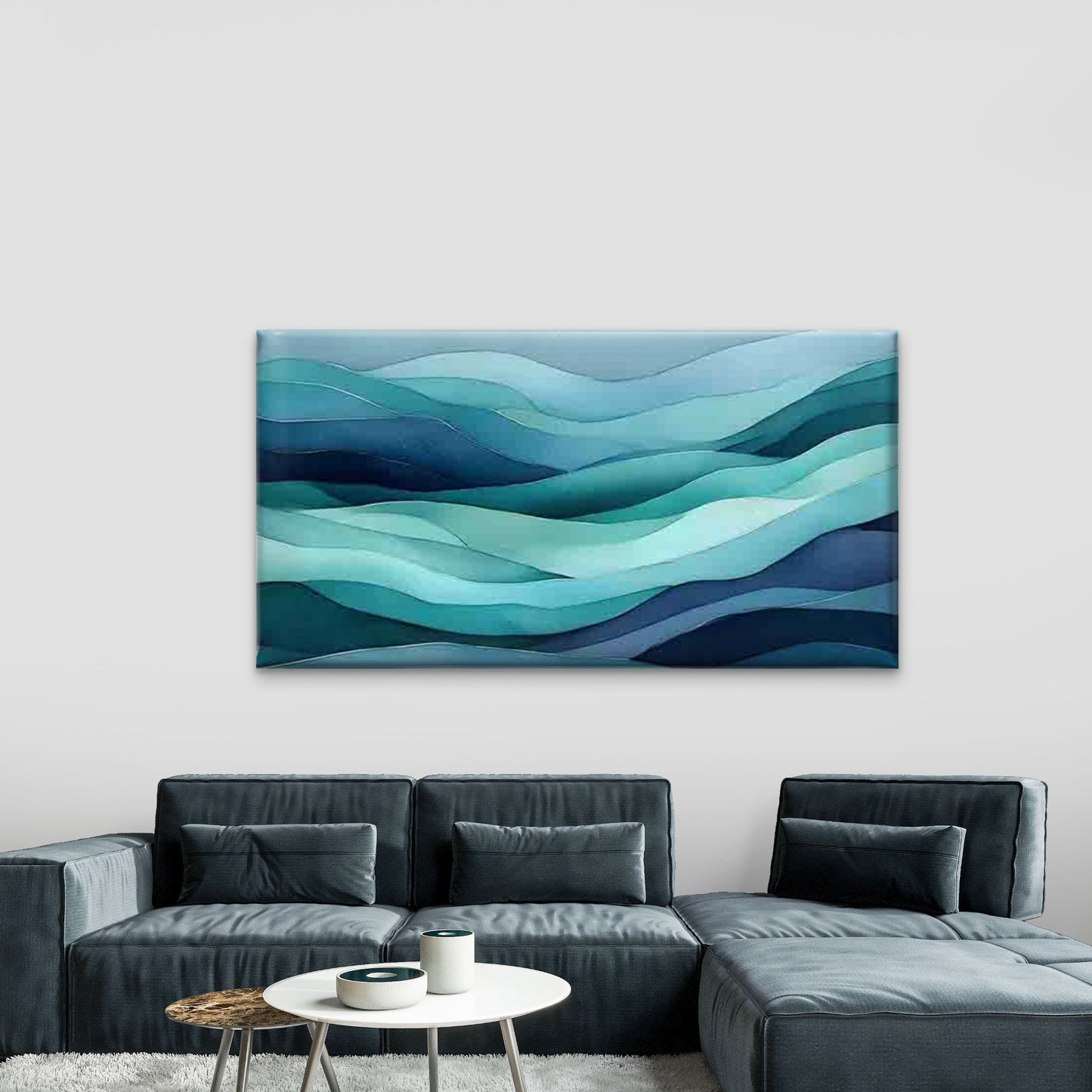 Teal Gradient Wave Pattern Wall Art Canvas Office Home Room Framed 120x60cm - Bella Home Decor