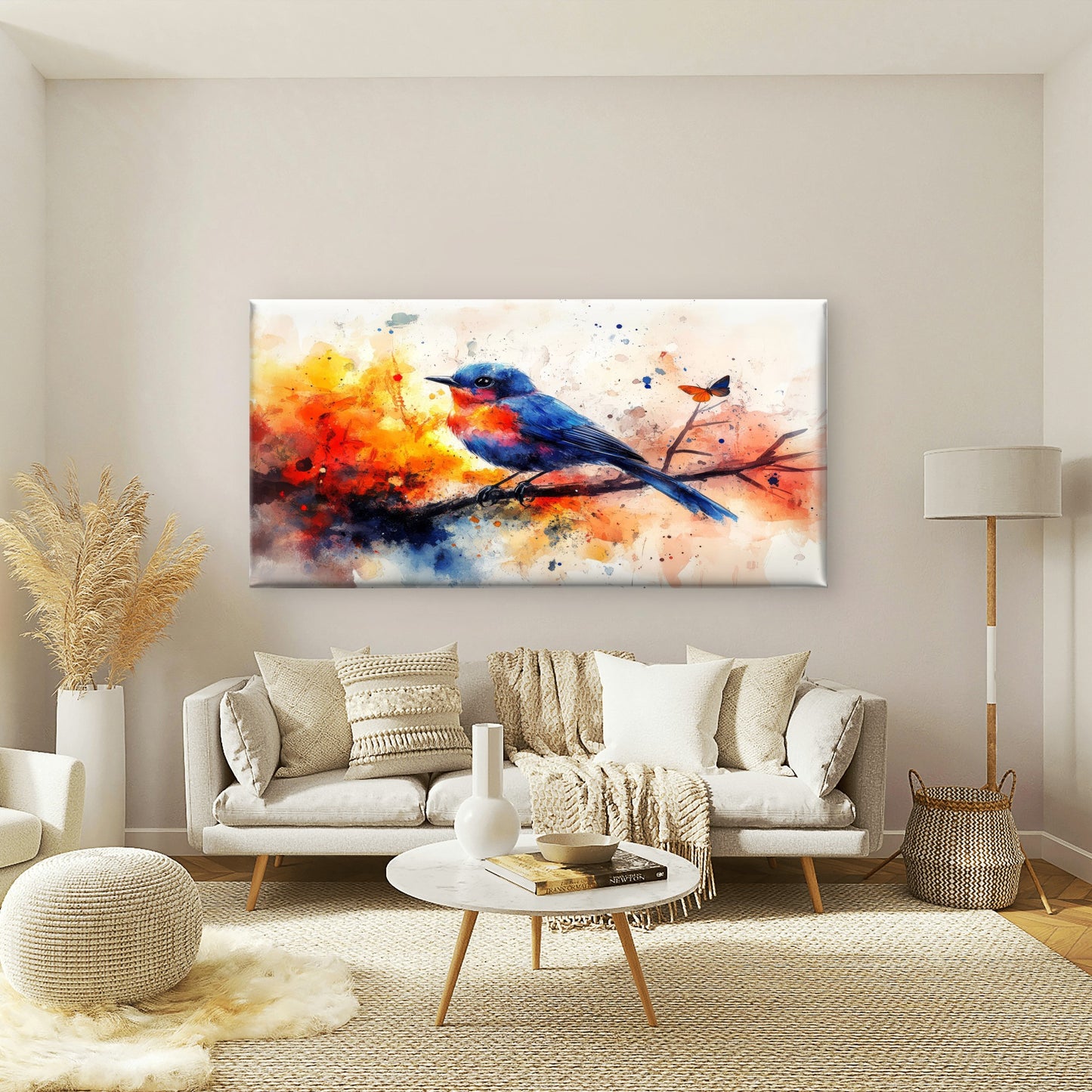 Bluebird On Branch Watercolor Wall Art Canvas Office Home Room Framed 120x60cm