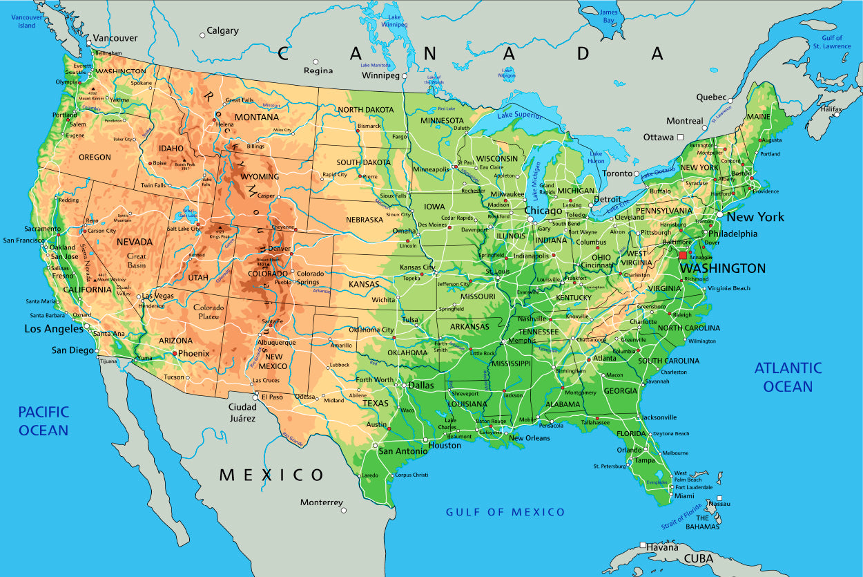 High Detailed USA Physical Map Home Decor Premium Quality Poster Print Choose Your Sizes - Bella Home Decor