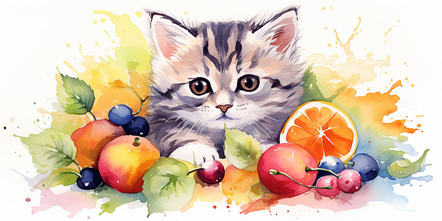 Cute Watercolor Kitten Fruit Wall Art Canvas Office Home Room Framed 120x60cm - Bella Home Decor