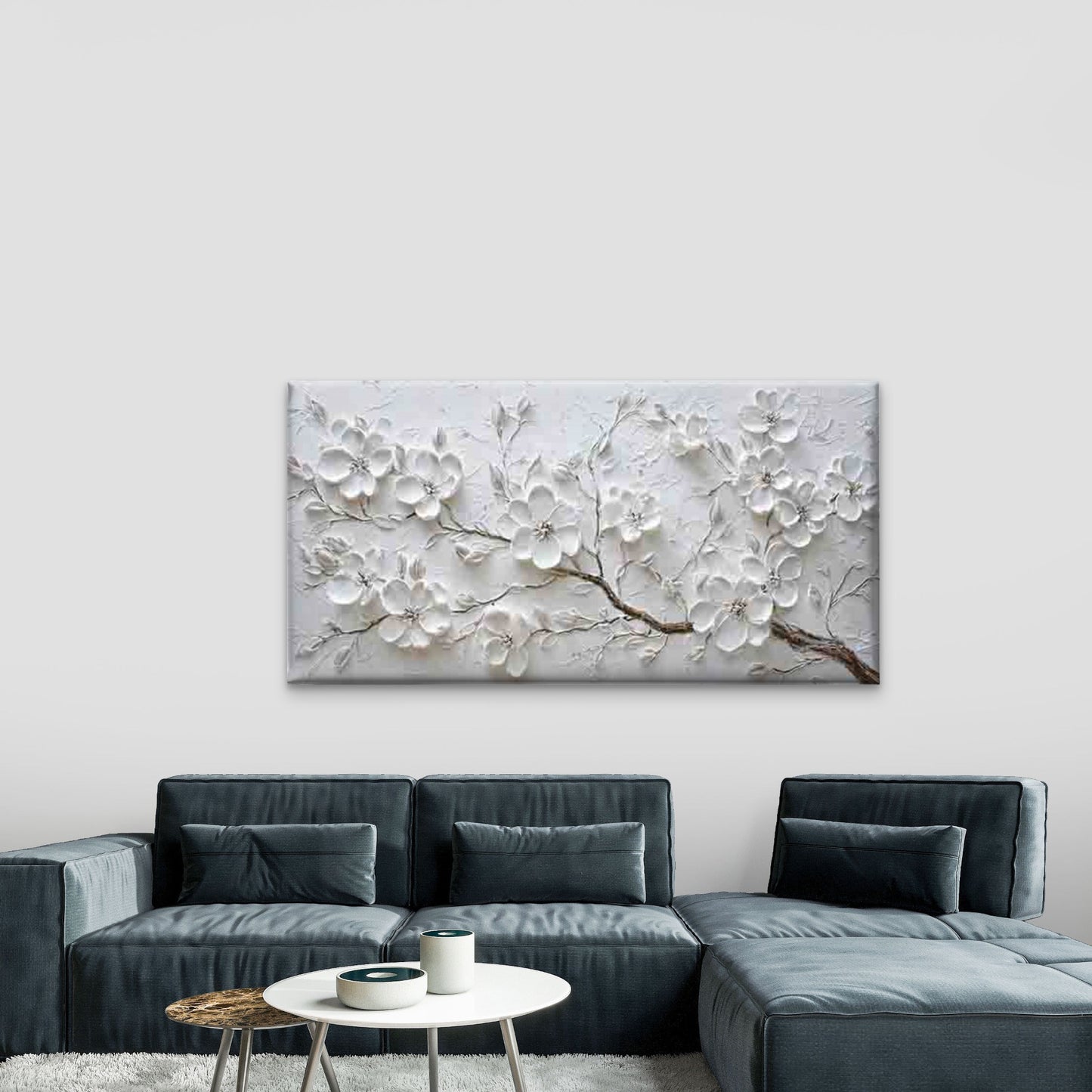 White Flowers on a Branch Wall Art Canvas Office Home Room Framed 120x60cm - Bella Home Decor