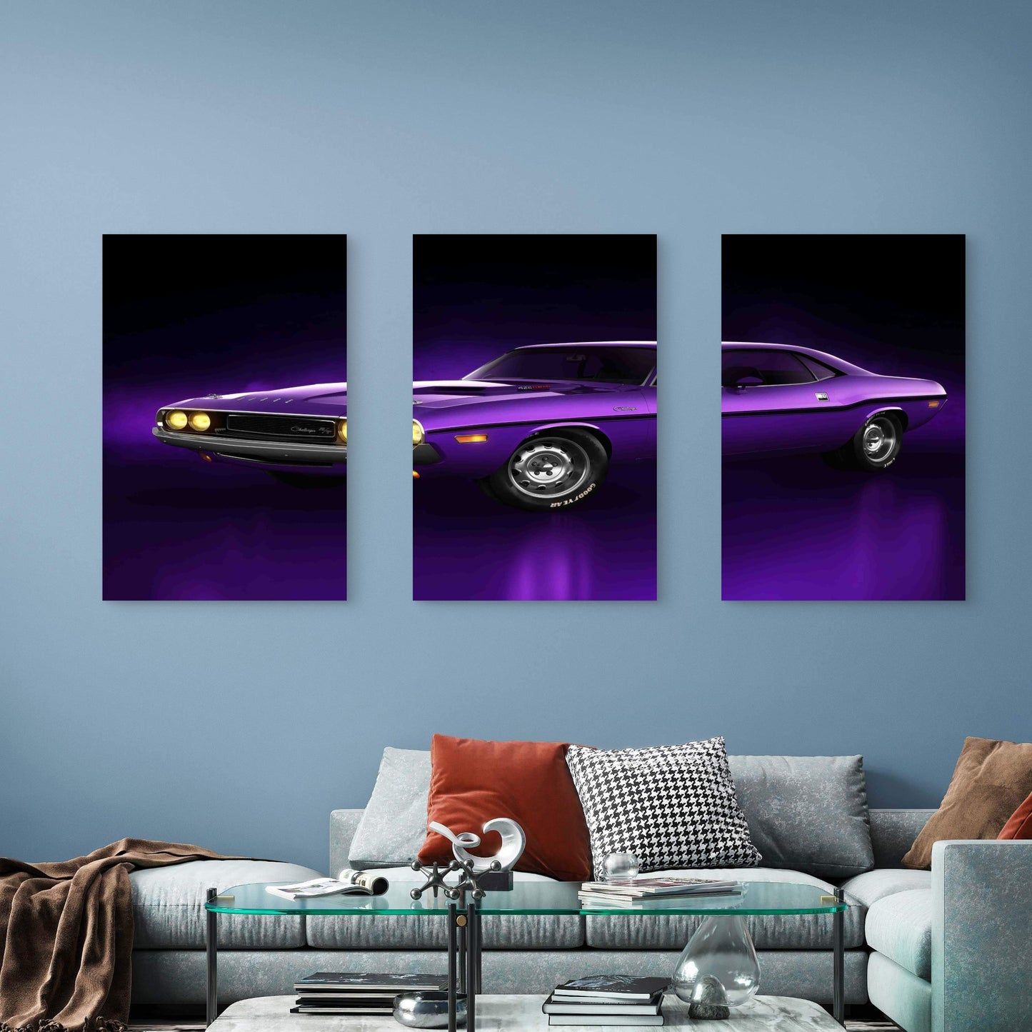 3pcs Purple Retro Muscle Car Yellow Headlights Metal Print Ready to Hang Art