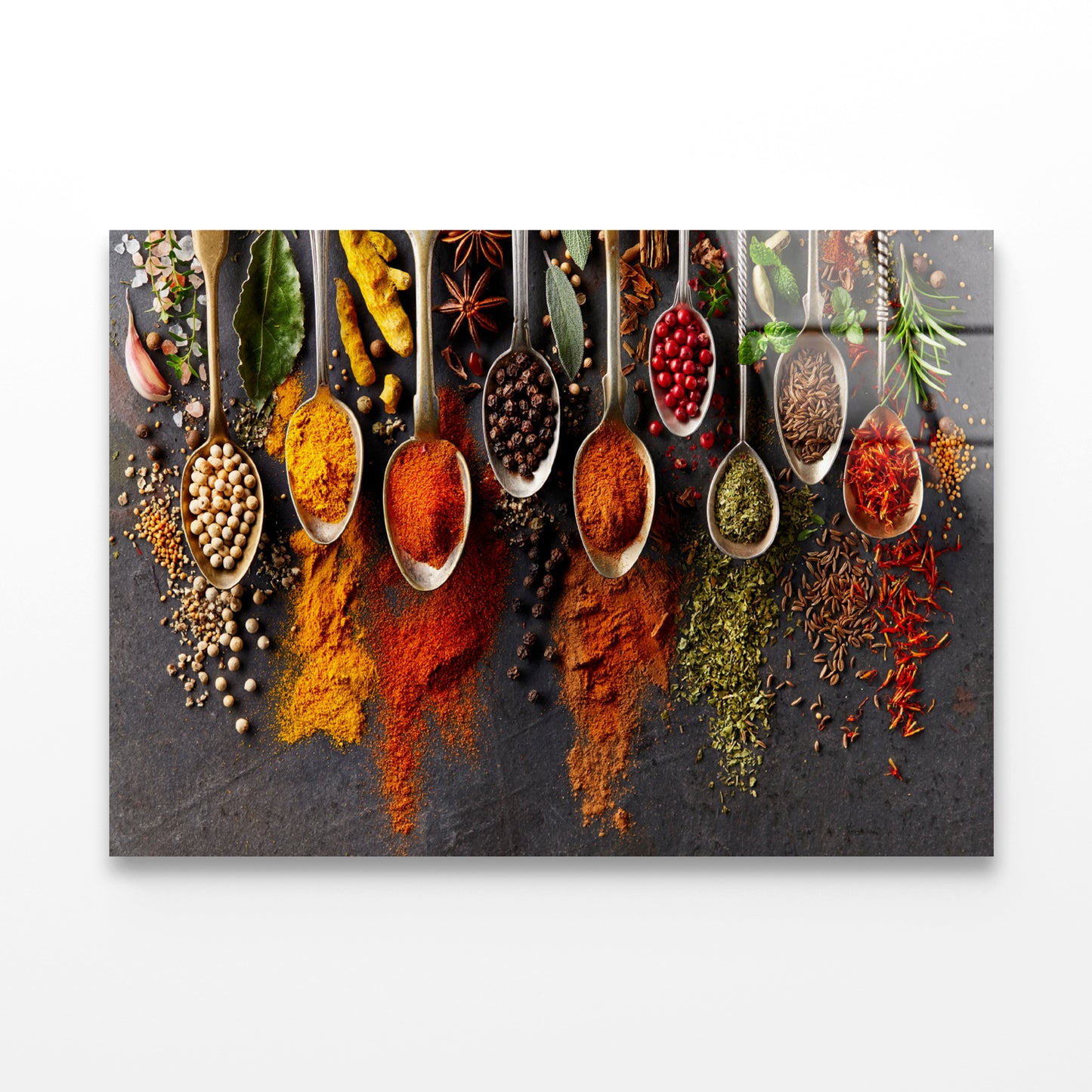 Different Types Spices on Spoons Acrylic Glass Print Tempered Glass Wall Art 100% Made in Australia Ready to Hang - Bella Home Decor