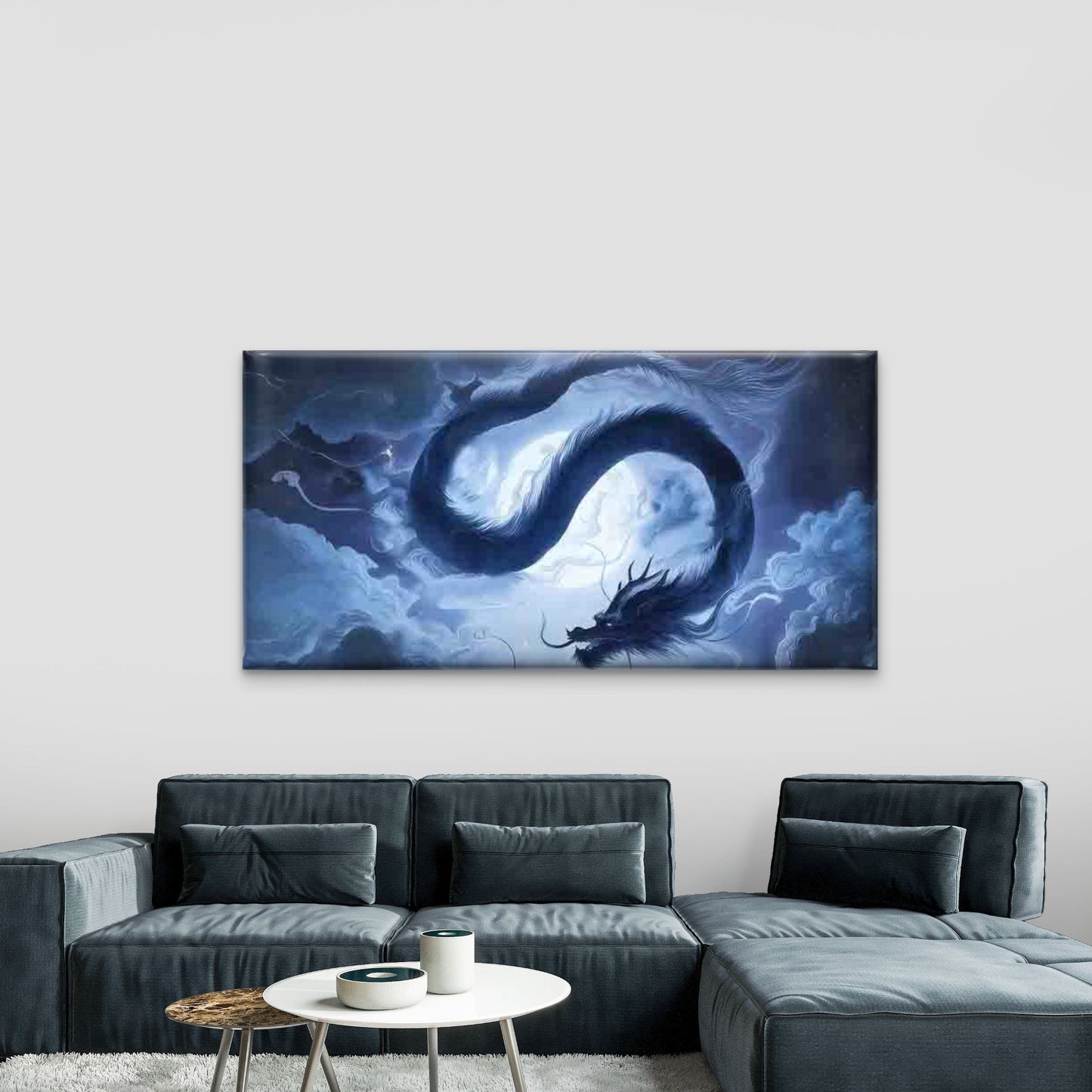 Mystical Blue Dragon Flying Wall Art Canvas Office Home Room Framed 120x60cm - Bella Home Decor
