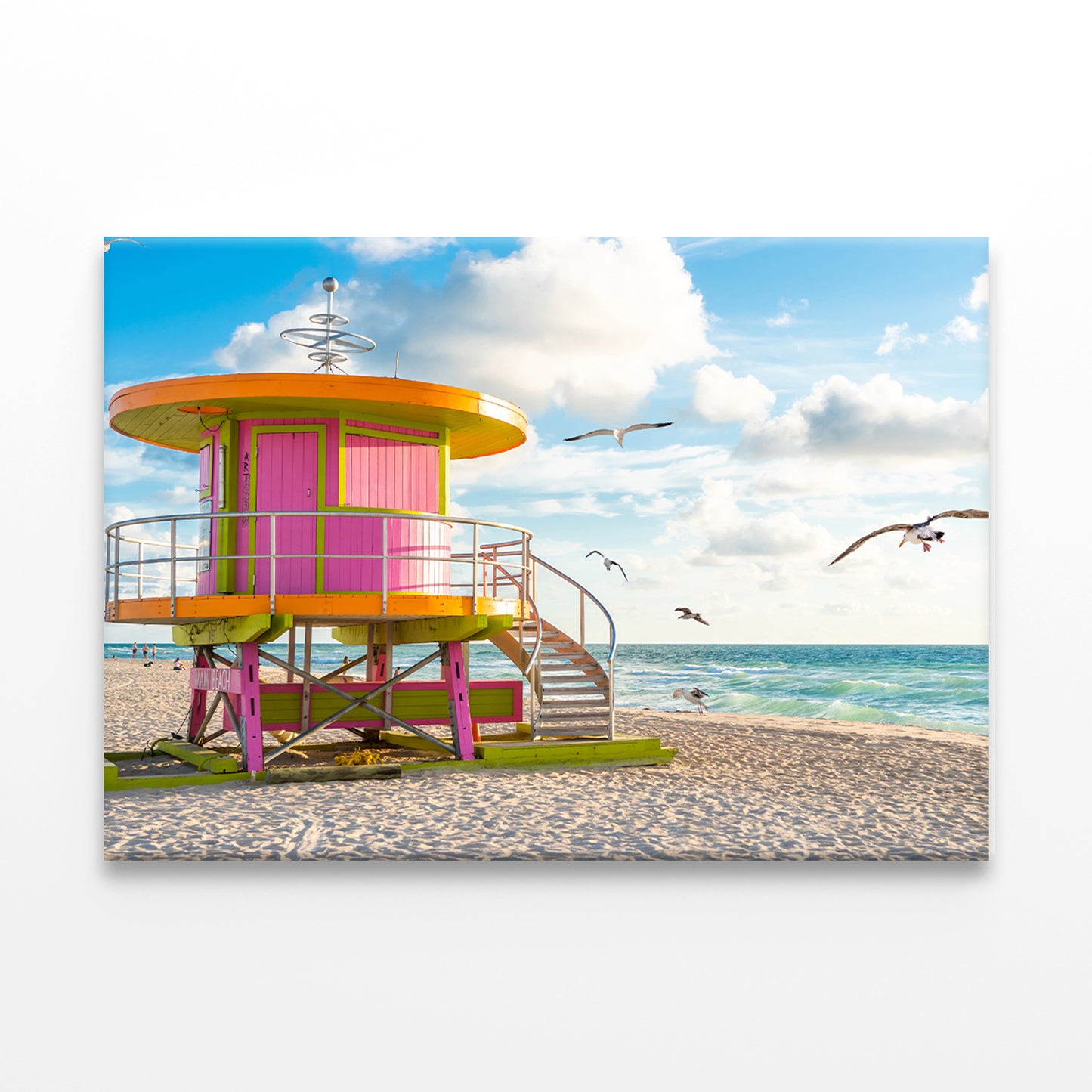 cabin at sunrise on the Miami Beach, Florida, USA with seagulls Wall Art Decor 100% Australian Made - Bella Home Decor