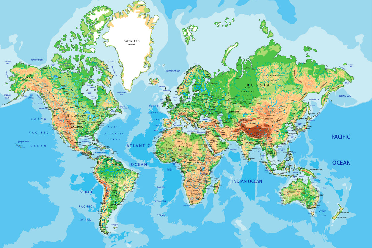 Highly Detailed Physical World Map Home Decor Premium Quality Poster Print Choose Your Sizes - Bella Home Decor