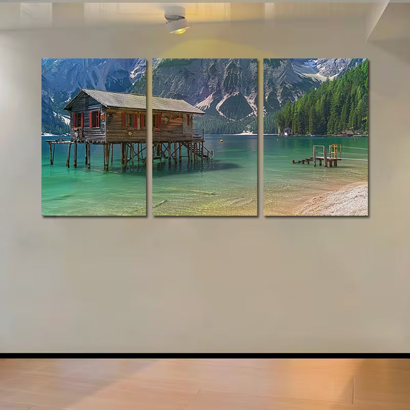 3pcs Mountains And House on Lakes Wall Art Set Canvas Framed 40x60cm - High Quality Print 100% Australian Made Wall Canvas Ready to Hang