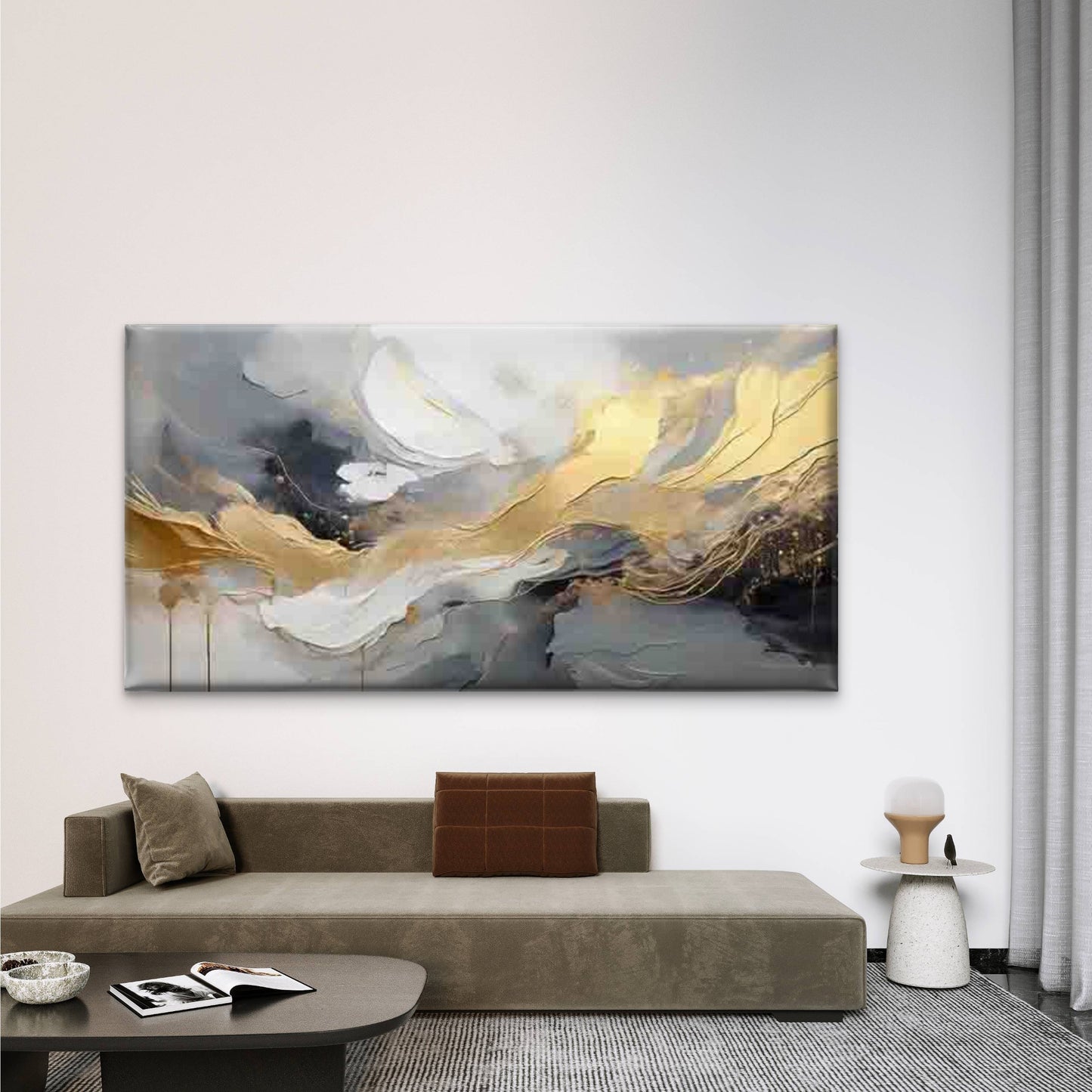 Abstract Golden Flowing Wave Wall Art Canvas Office Home Room Framed 120x60cm