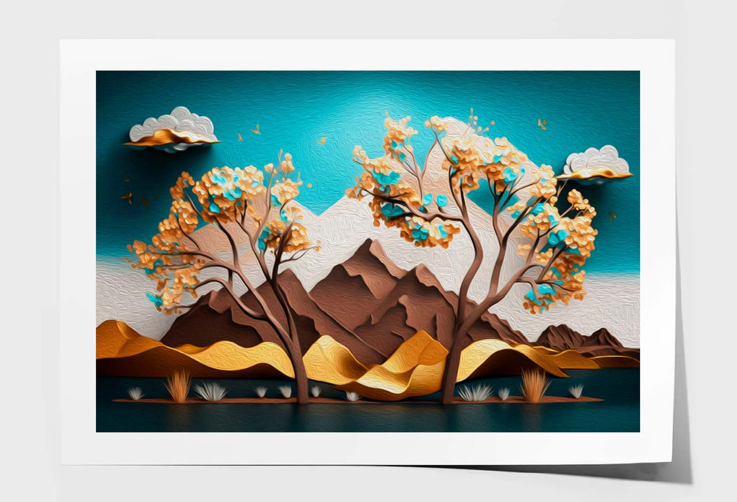 Brown Trees with Golden Flowers and Turquoise Mountains Wall Art Limited Edition High Quality Print Unframed Roll Canvas None