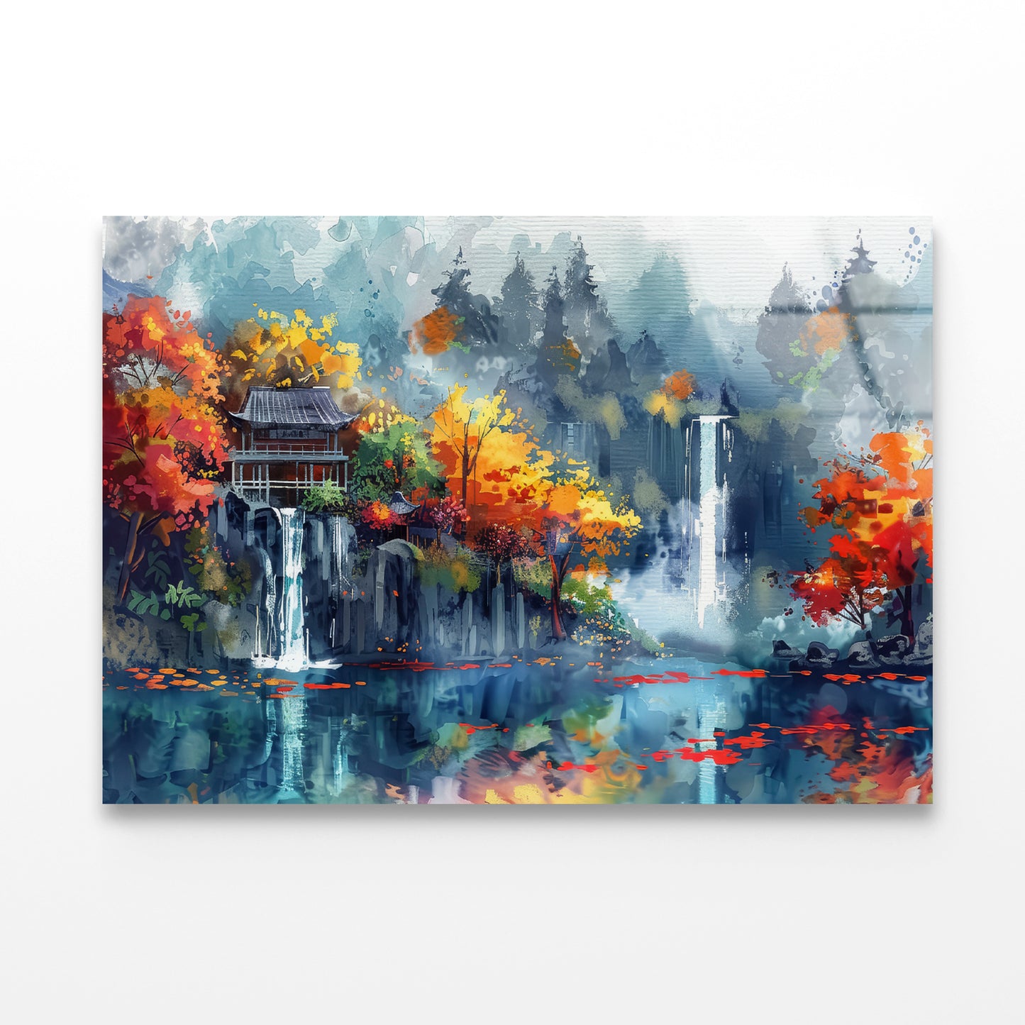 Waterfall, Trees & Building Acrylic Glass Print Tempered Glass Wall Art 100% Made in Australia Ready to Hang - Bella Home Decor