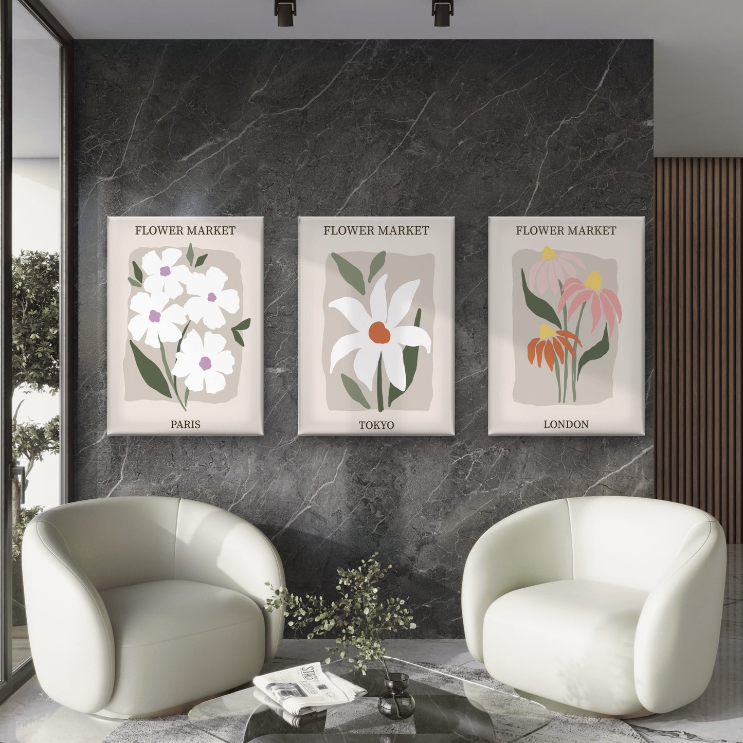 3pcs Flower Market Paris Tokyo London Floral Wall Art Set Canvas Framed 40x60cm - High Quality Print 100% Australian Made Wall Canvas Ready to Hang