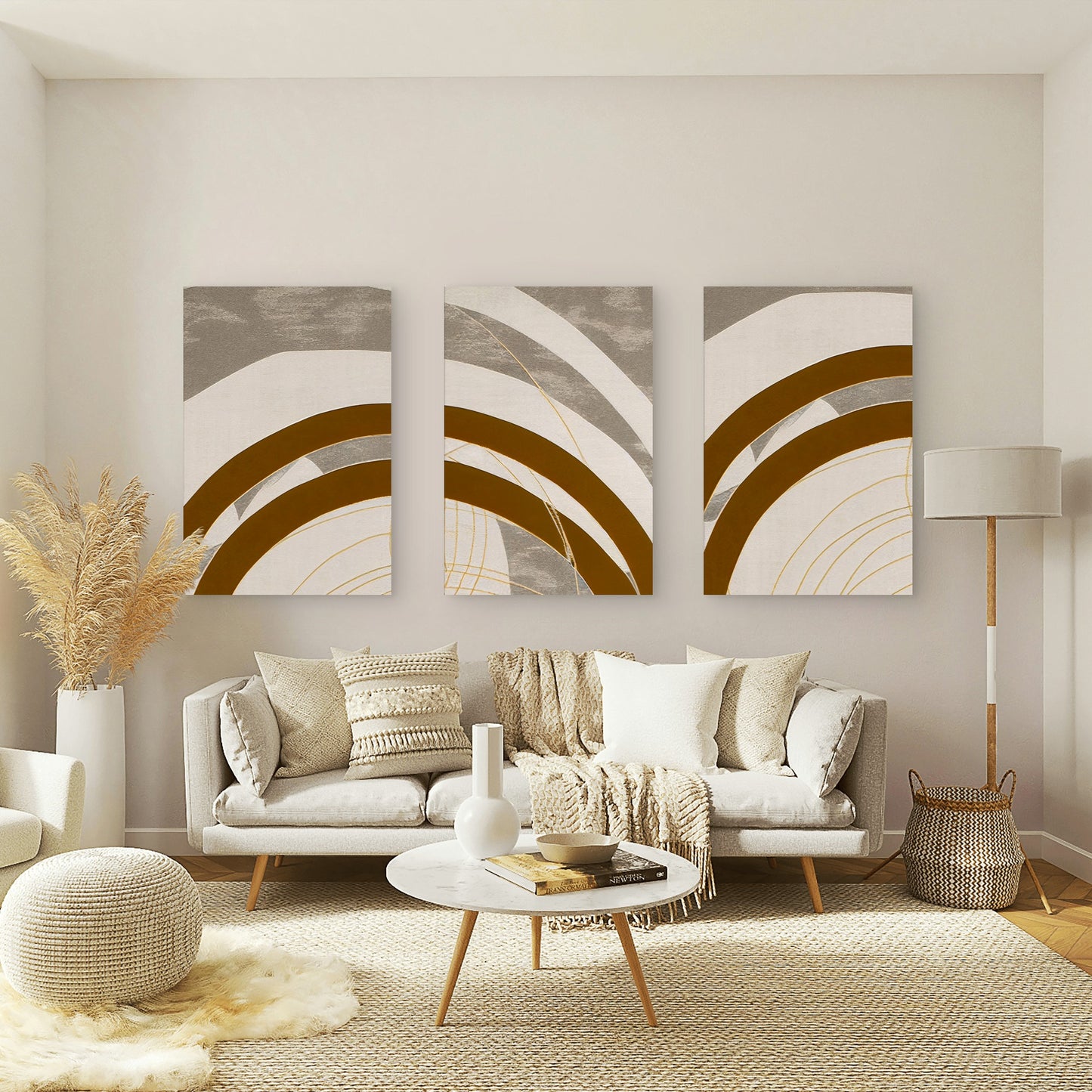 3pcs Modern Abstract Brown Beige Gold Line Wall Art Set Canvas Framed 60x90cm - High Quality Print 100% Australian Made Wall Canvas Ready to Hang