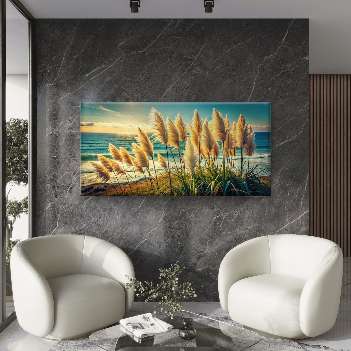 Pampas Grass Swaying Sea Wall Art Canvas Office Home Room Framed 120x60cm