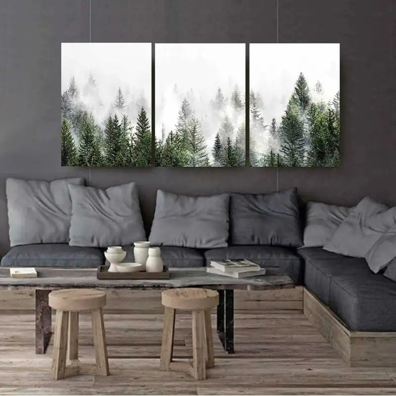 3pcs Nordic Misty Forest Landscape Wall Art Set Canvas Framed 50x70cm - High Quality Print 100% Australian Made Wall Canvas Ready to Hang