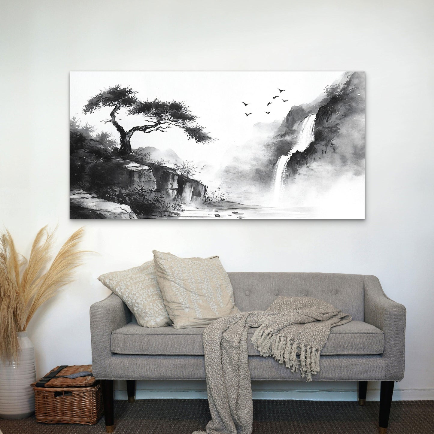 Misty Mountain Waterfall Scene Wall Art Canvas Office Home Room Framed 120x60cm