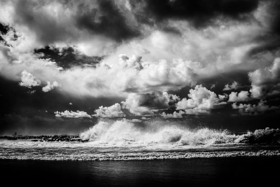 Beach On Waves & Cloudy Sky B&W 90x60cm Print 100% Australian Made - Bella Home Decor