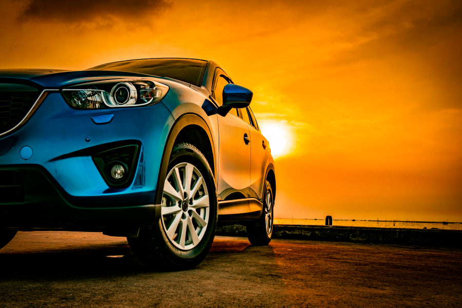 Blue Mazda SUV Parked on A Beach Acrylic Glass Print Tempered Glass Wall Art 100% Made in Australia Ready to Hang - Bella Home Decor