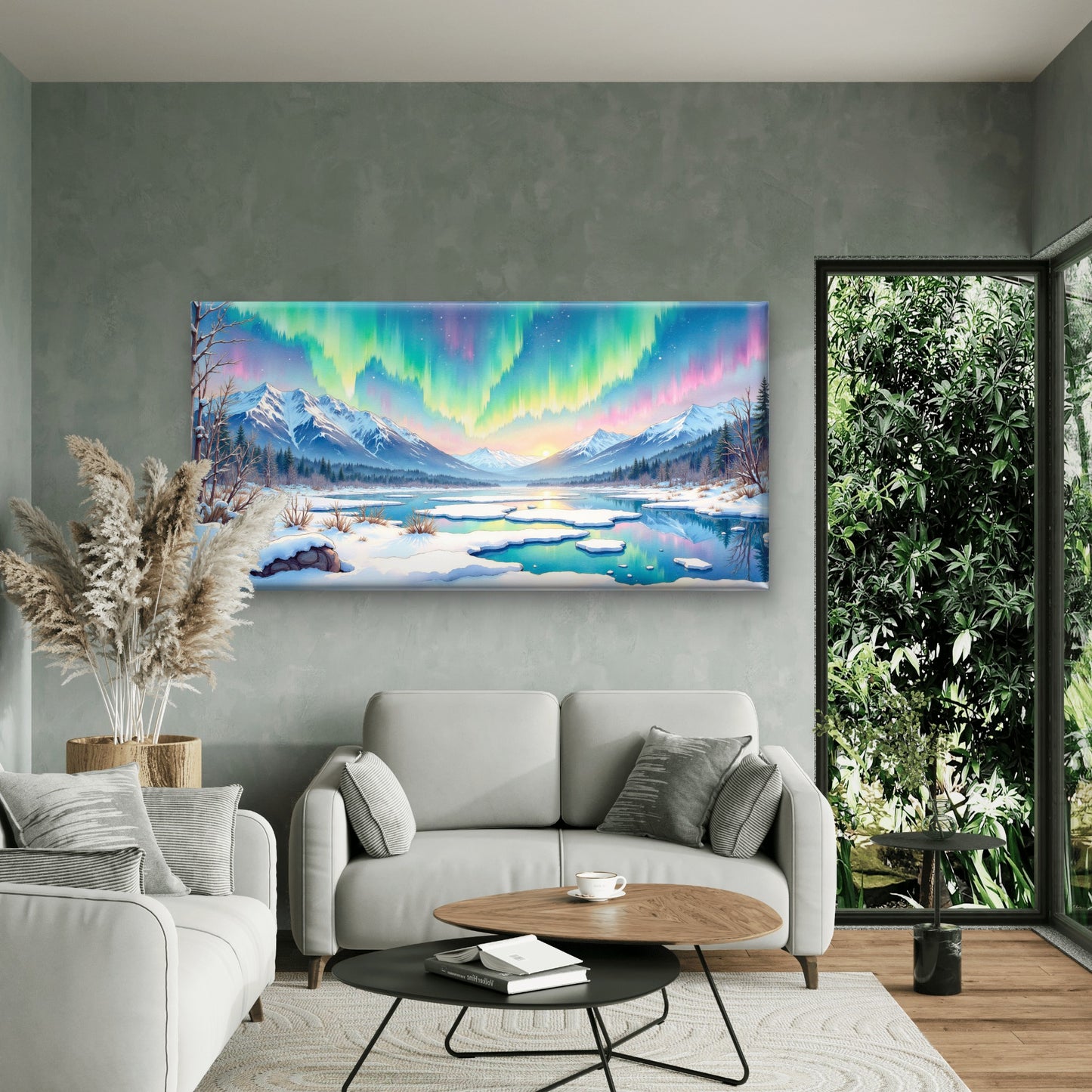 Northern Lights Aurora Mountain Wall Art Canvas Office Home Room Framed 120x60cm