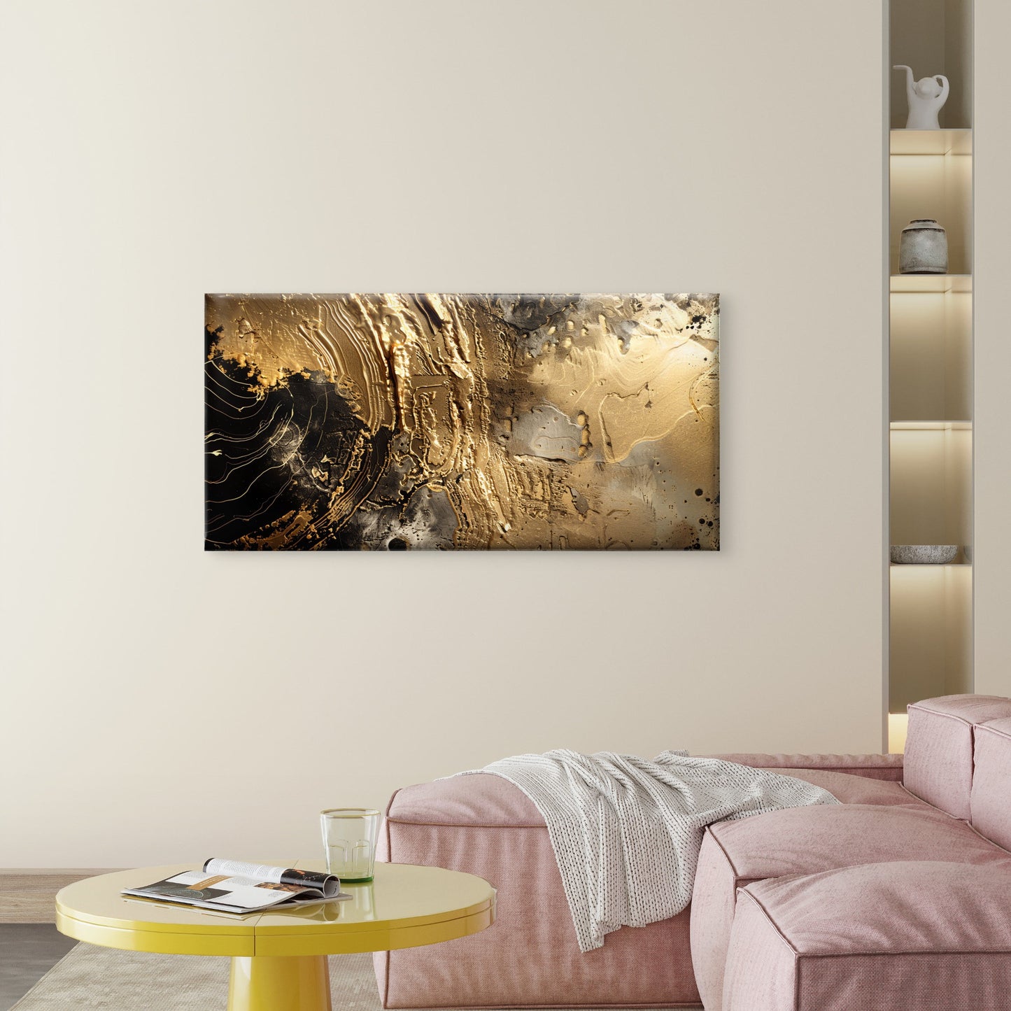Black And Gold Abstract Textured Metallic Wall Art Canvas Office Home Room Framed 120x60cm