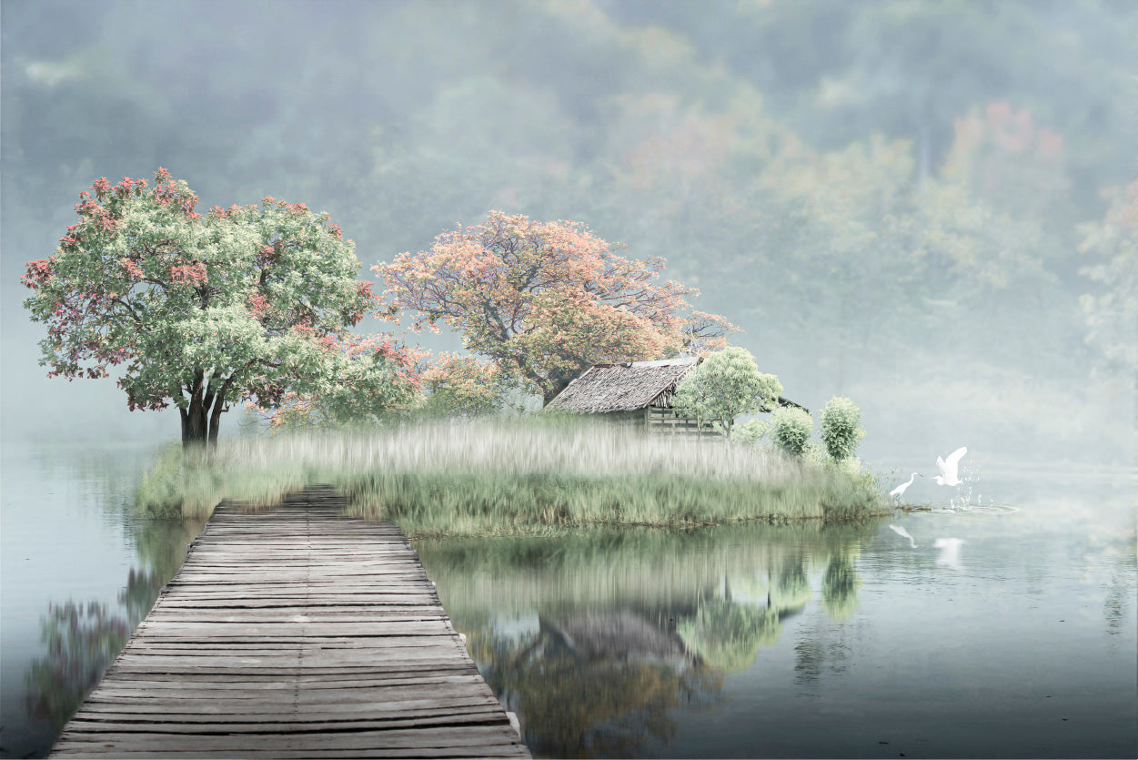 Autumn Trees & House on Lake with Wooden Pier Glass Framed Wall Art, Ready to Hang Quality Print