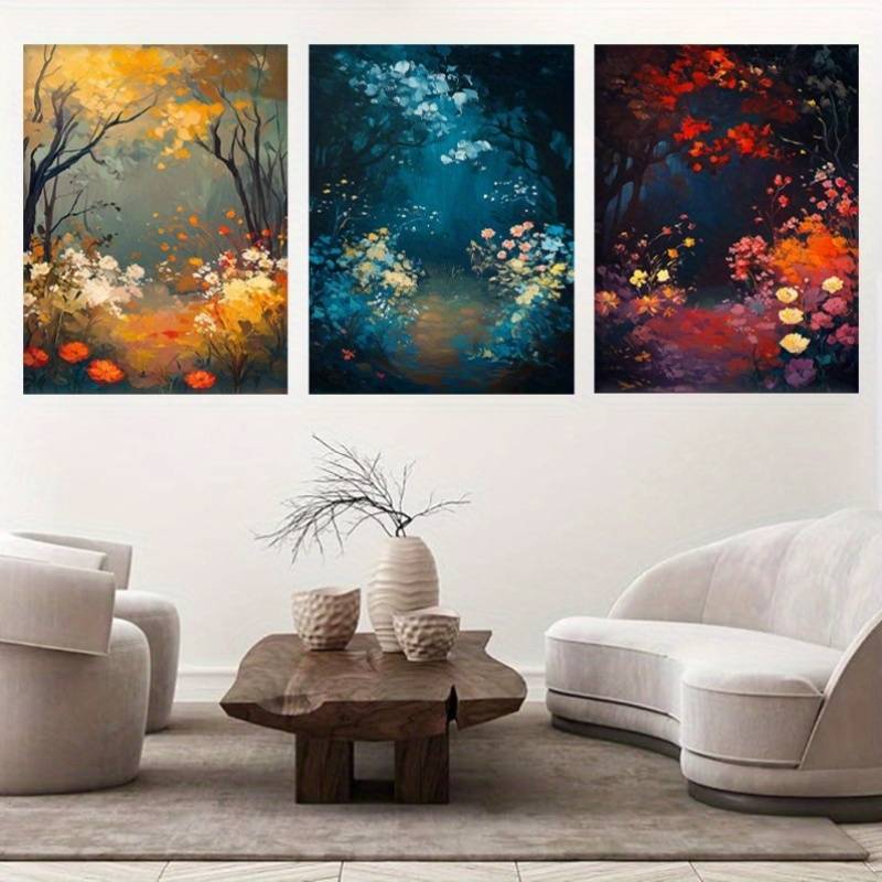 3pcs Golden to Navy Blue Triptych Forest Scene Metal Print Ready to Hang Art