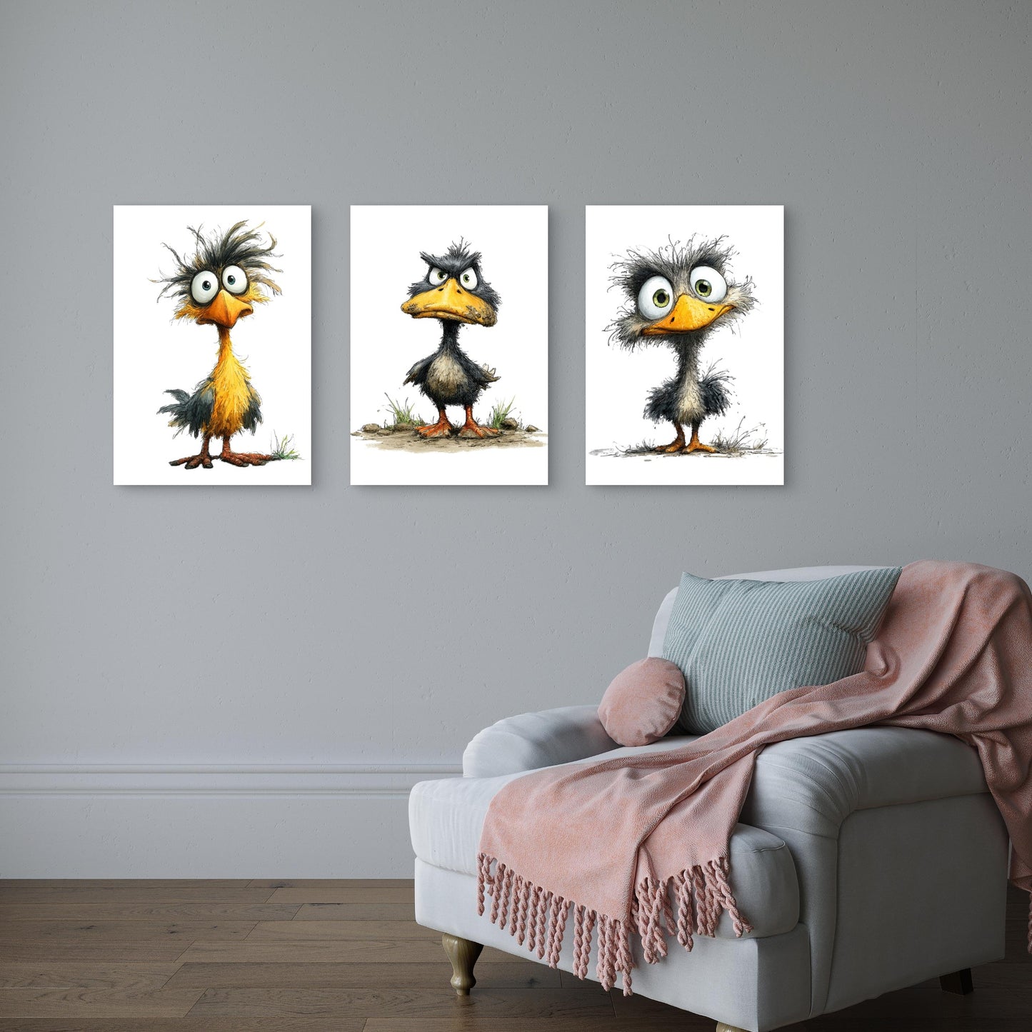 3pcs Funny Crazy Messy Birds Wall Art Set Canvas Framed 40x60cm - High Quality Print 100% Australian Made Wall Canvas Ready to Hang