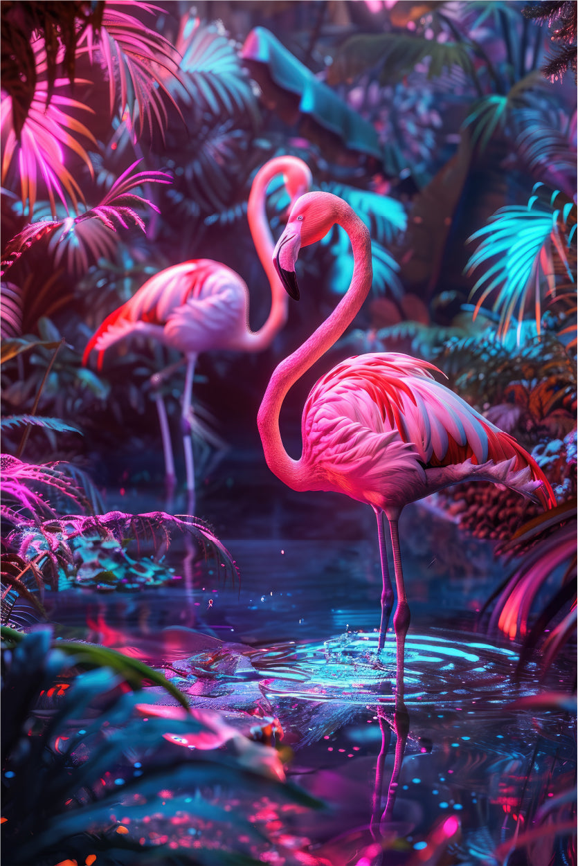 View of Vibrant Neon Blue Pink Tropical Flamingo Wall Art Decor 100% Australian Made