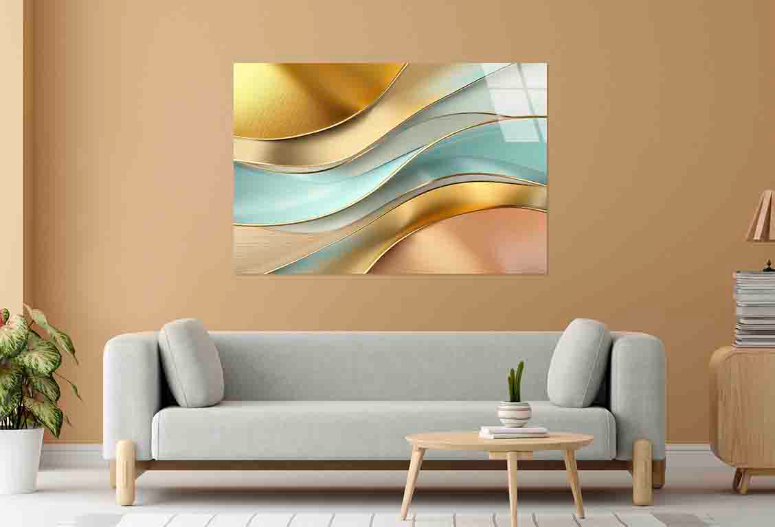 Modern Teal Gold Wave Tempered Glass Printing Wall Art Australian Made Quality