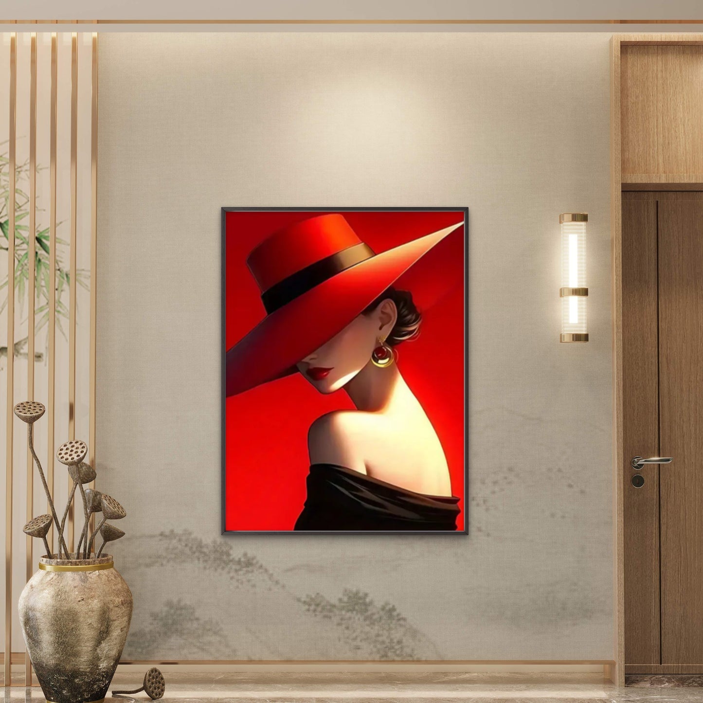 Mystery Woman with Red Hat Glamour in Bold Contrast Fashion Home Decor Premium Quality Poster Print Choose Your Sizes