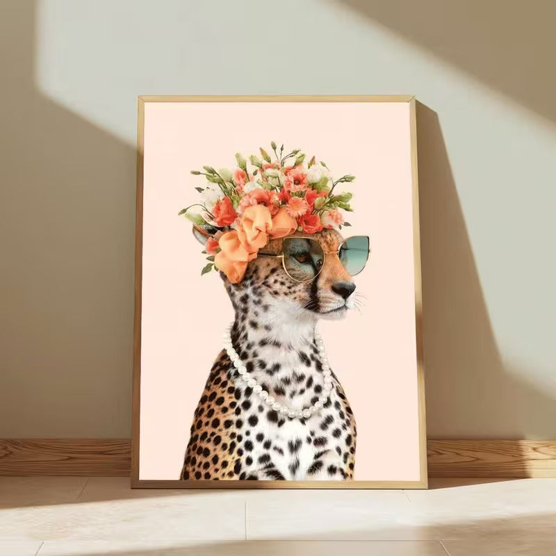 Leopard with Flowers & Glasses Fashion Home Decor Premium Quality Poster Print Choose Your Sizes