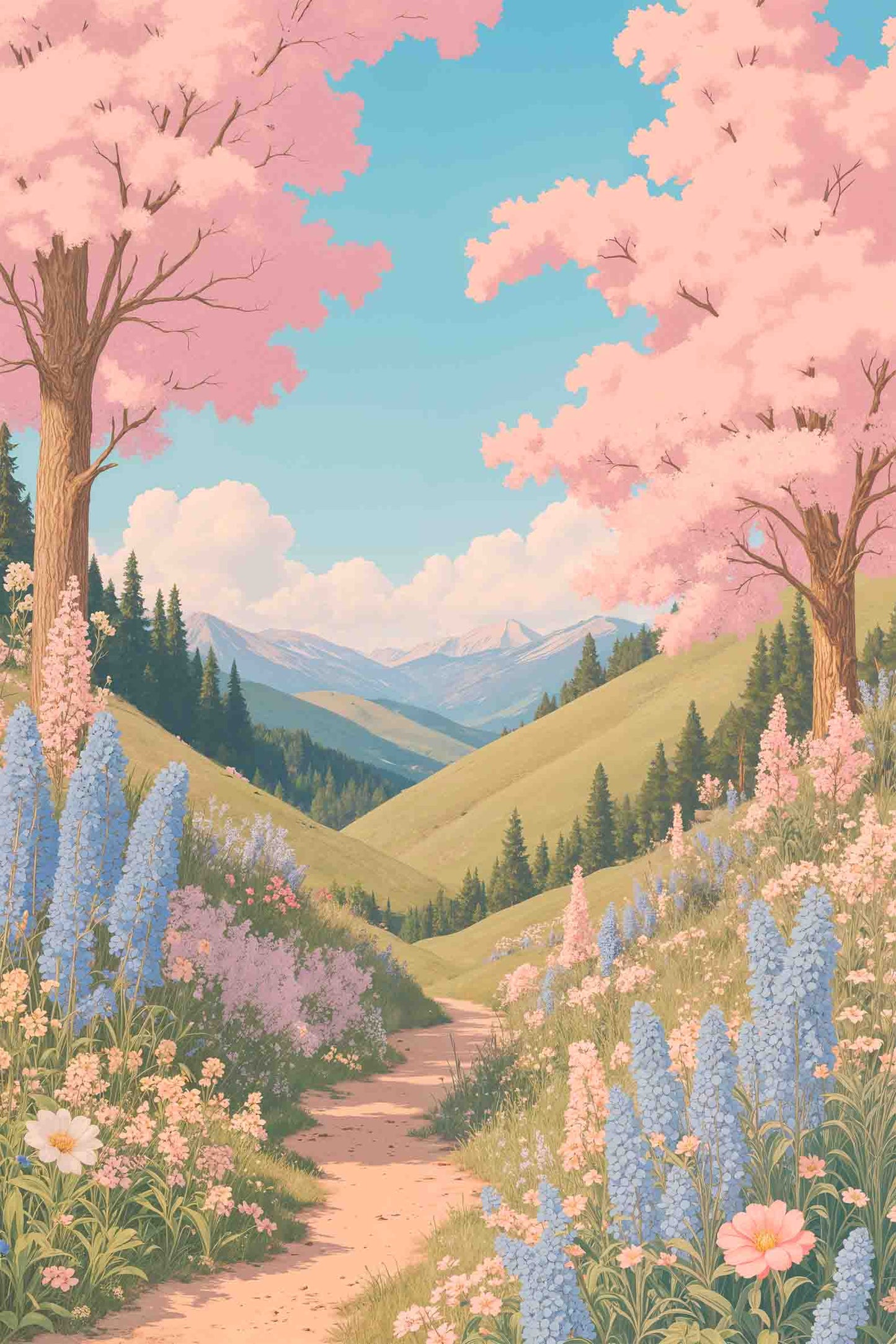 Sakura Mountain Path Scene 60x90cm Metal Print Ready to Hang