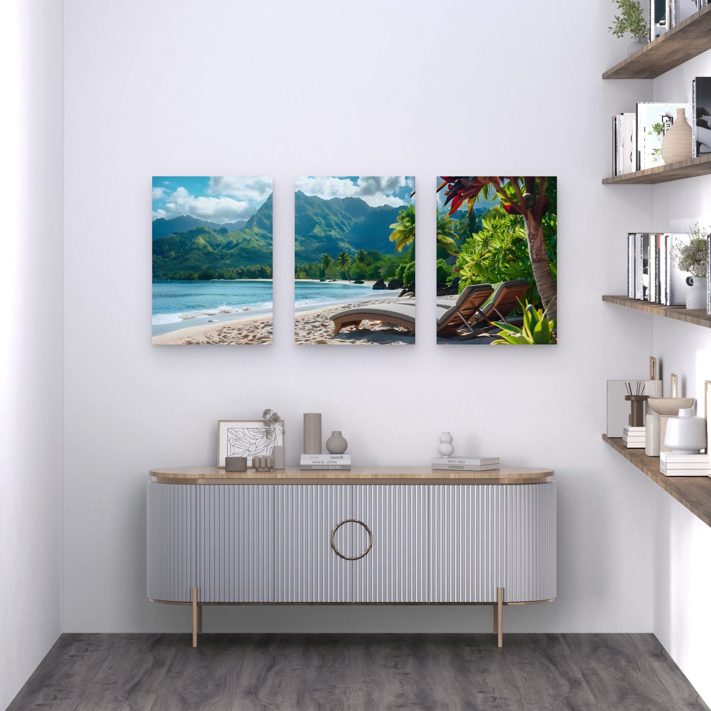 3pcs Tropical Paradise With Lush Mountains Metal Print Ready to Hang Art