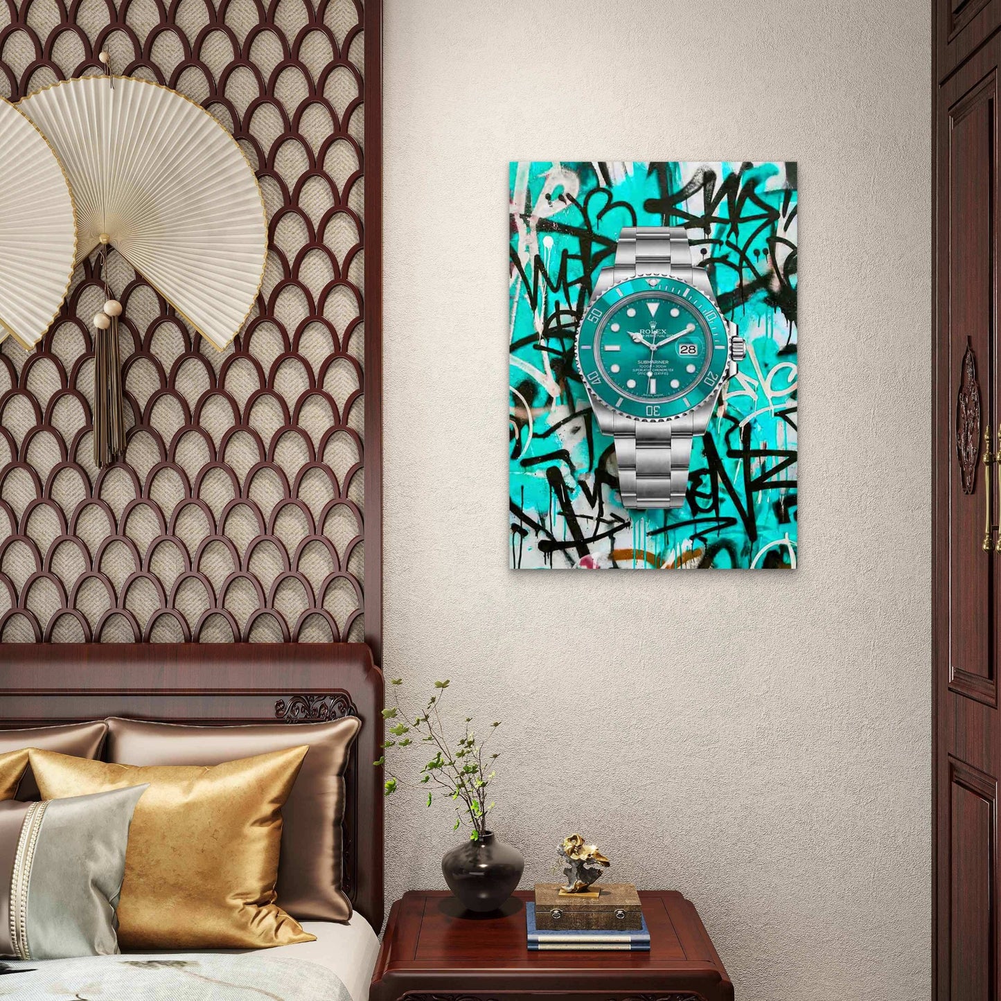 Teal Diver Graffiti Silver Wristwatch 40x60cm Metal Print Ready to Hang
