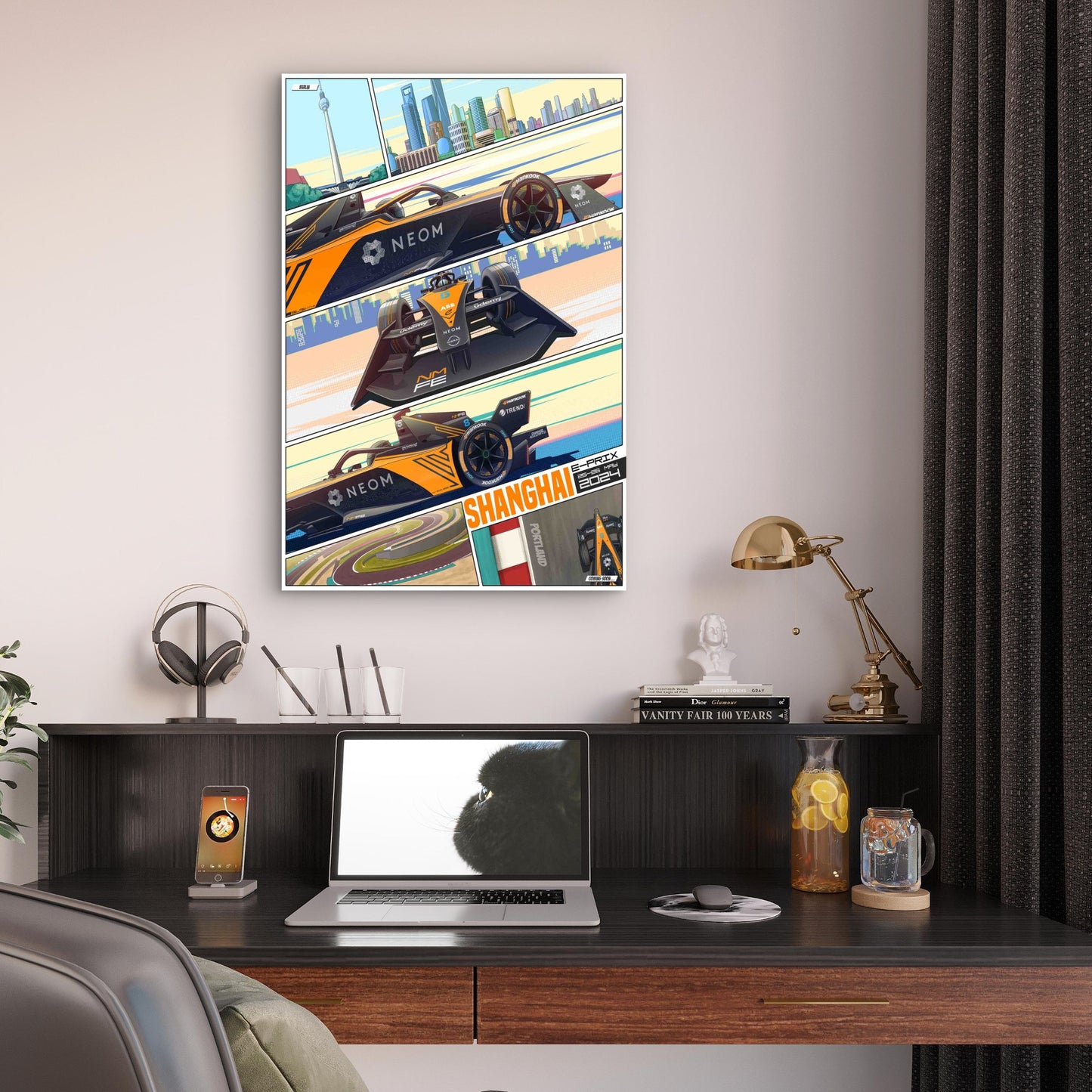Orange Black Electric Racing Car 40x60cm Metal Print Ready to Hang