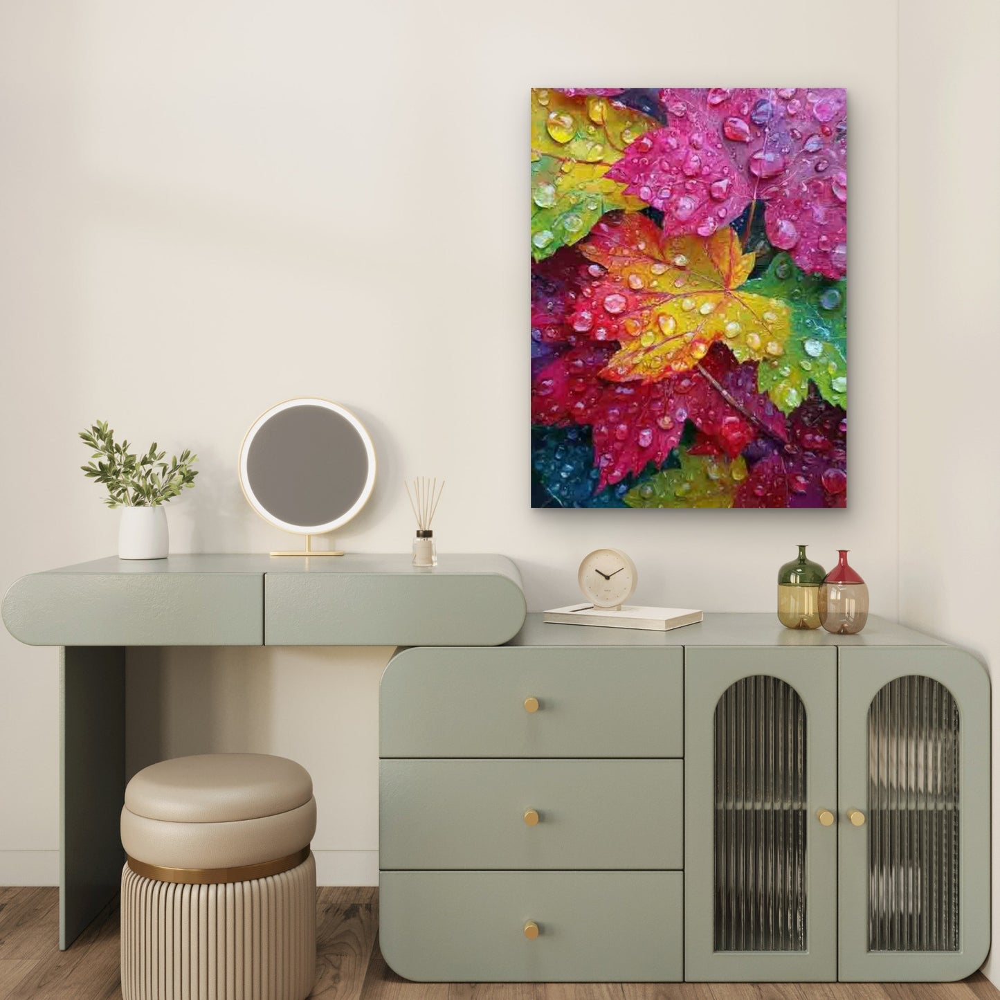 Close-Up of Raindrops on Colorful Autumn Leaves Metal Print Ready to Hang