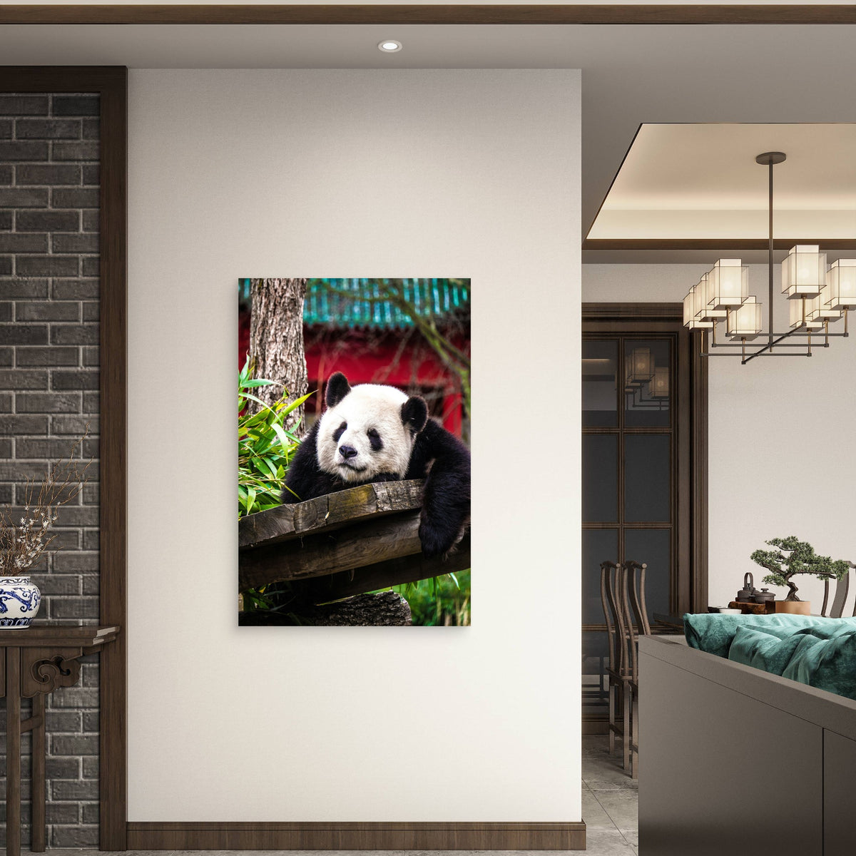 Panda Bear Resting On A Wooden Structure 40x60cm Metal Print Ready to Hang