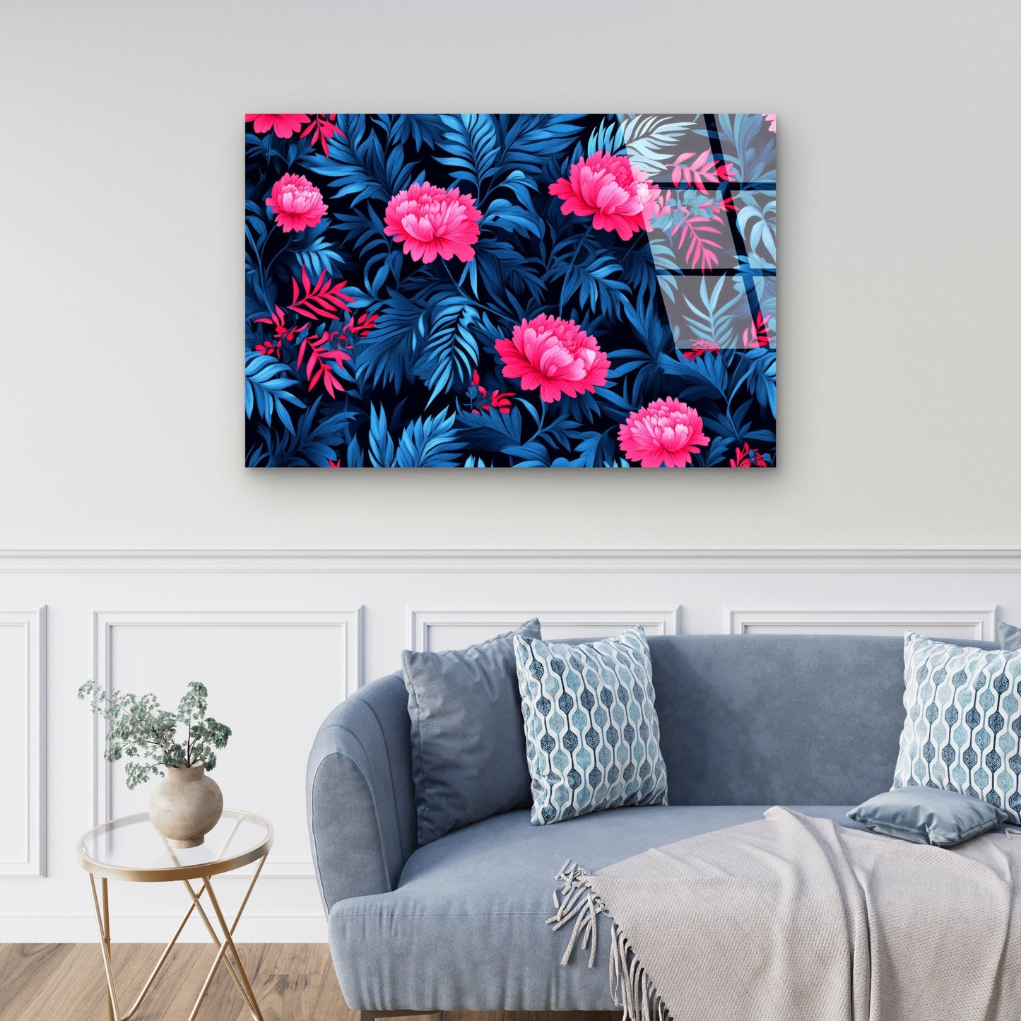 Vibrant Pink Peony Blue Leaves Acrylic Glass Printing Wall Art Australian Made Quality